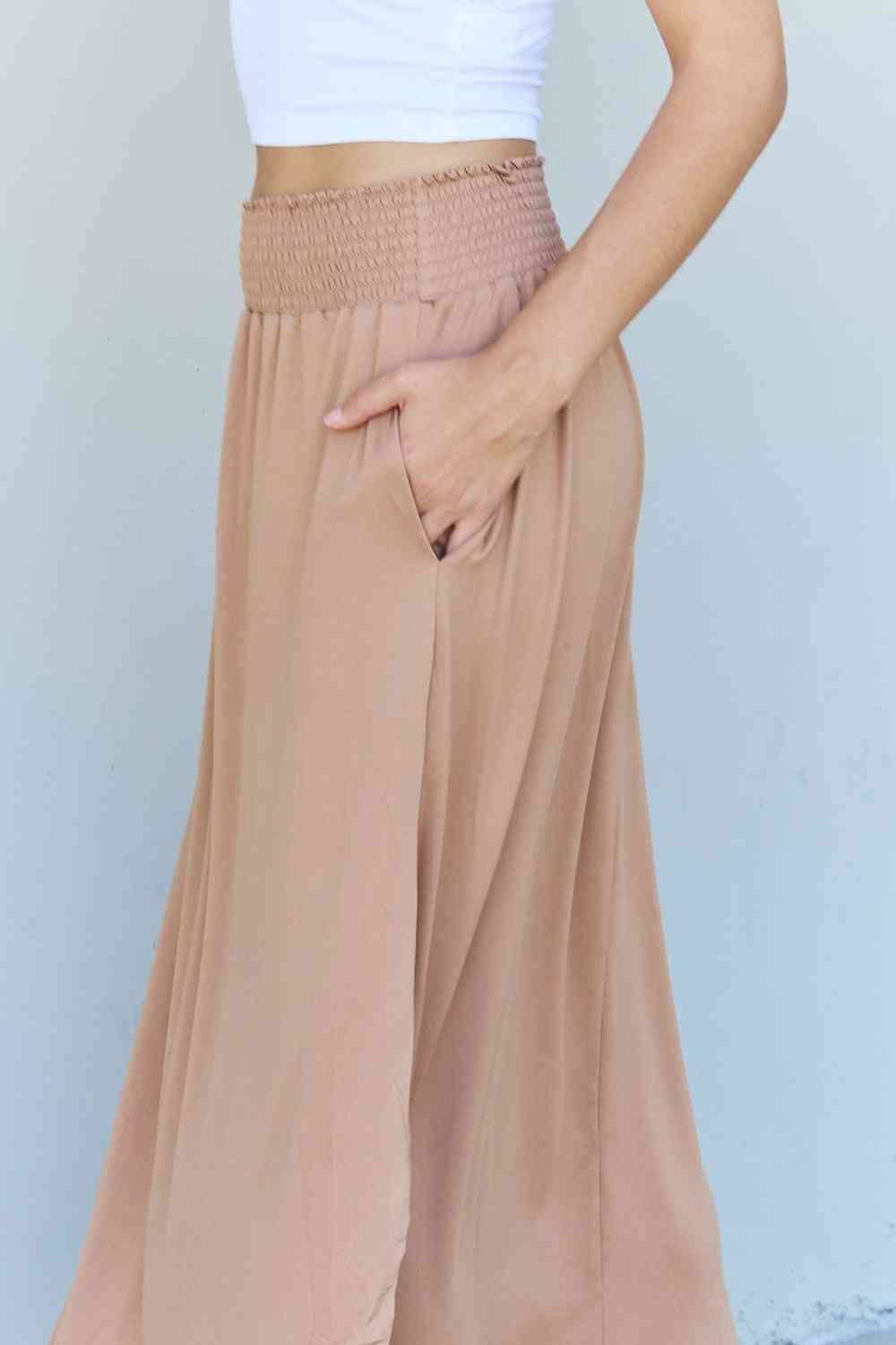 Doublju Comfort Princess Full Size High Waist Scoop Hem Maxi Skirt in Tan - Flip Flop Dynasty