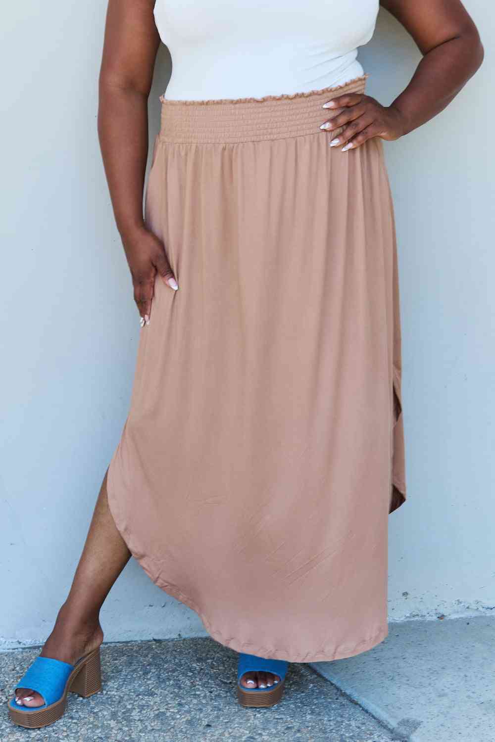 Doublju Comfort Princess Full Size High Waist Scoop Hem Maxi Skirt in Tan - Flip Flop Dynasty