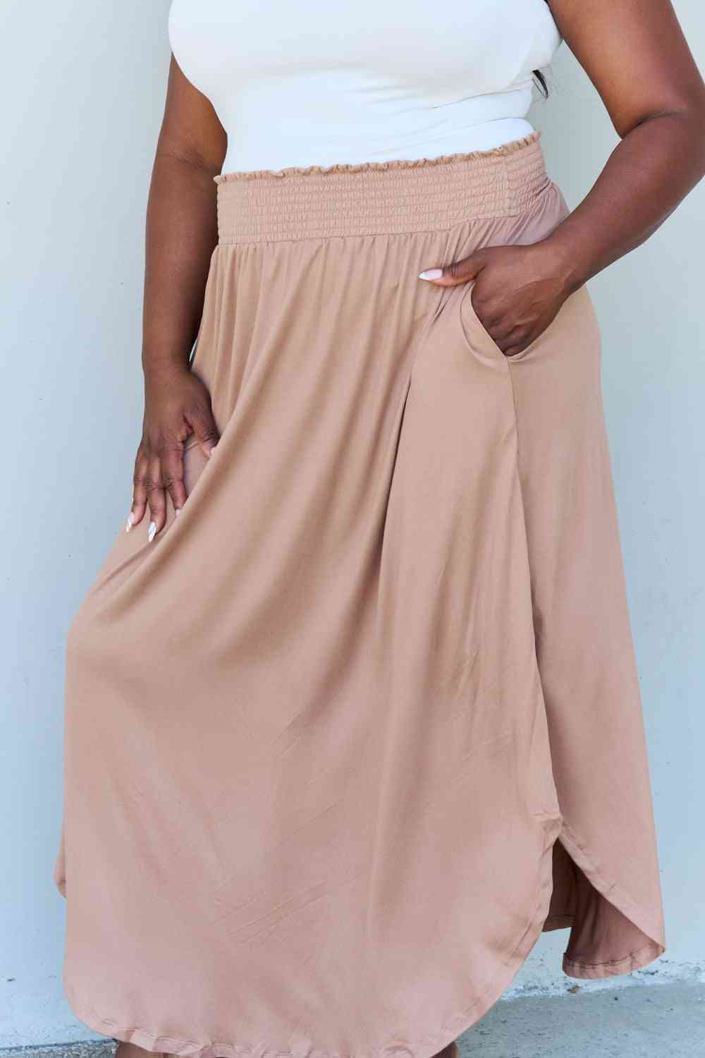 Doublju Comfort Princess Full Size High Waist Scoop Hem Maxi Skirt in Tan - Flip Flop Dynasty