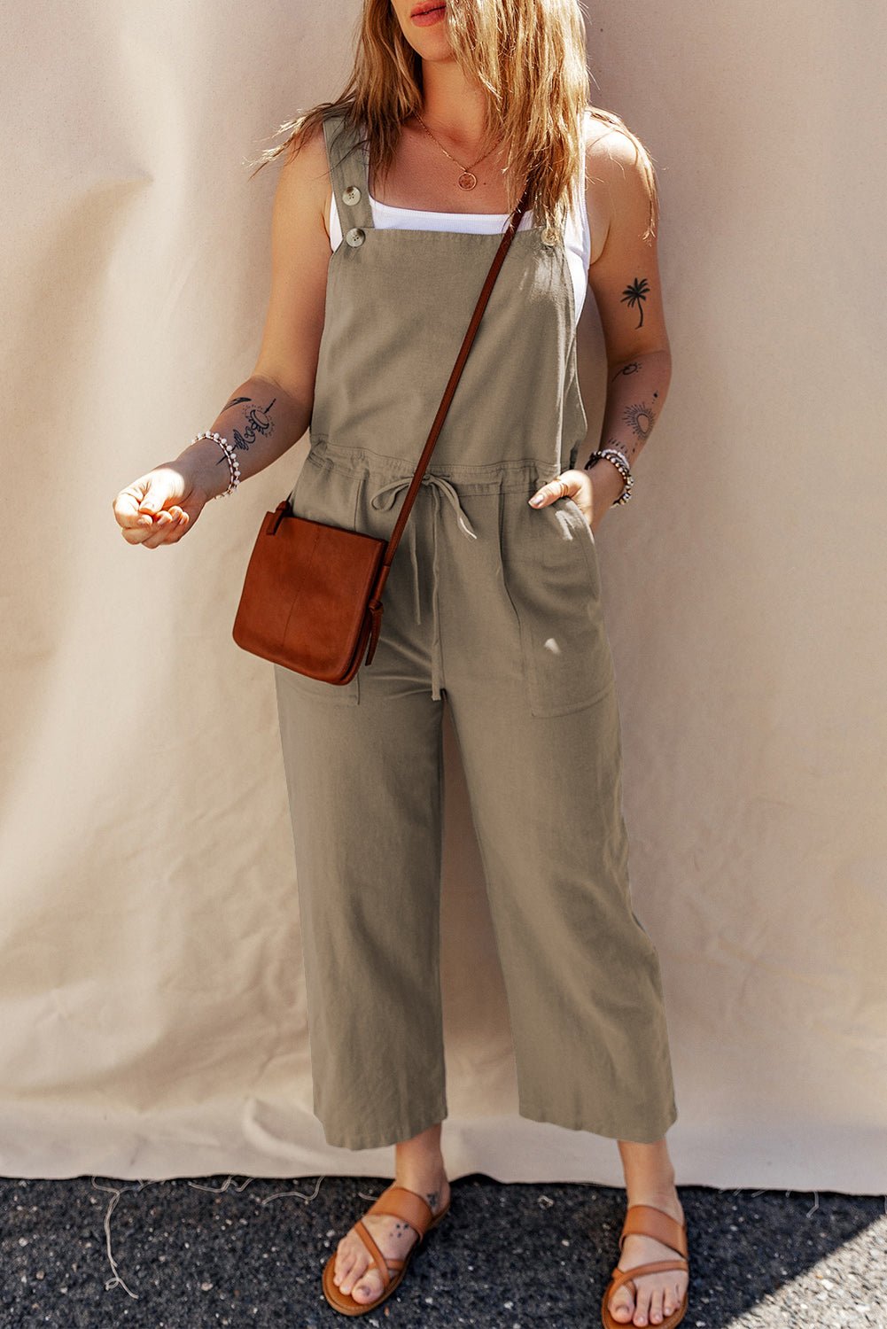 Drawstring Wide Strap Overalls with Pockets - Flip Flop Dynasty