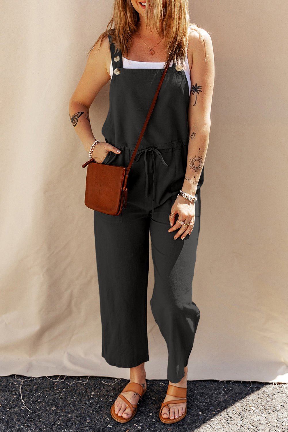 Drawstring Wide Strap Overalls with Pockets - Flip Flop Dynasty