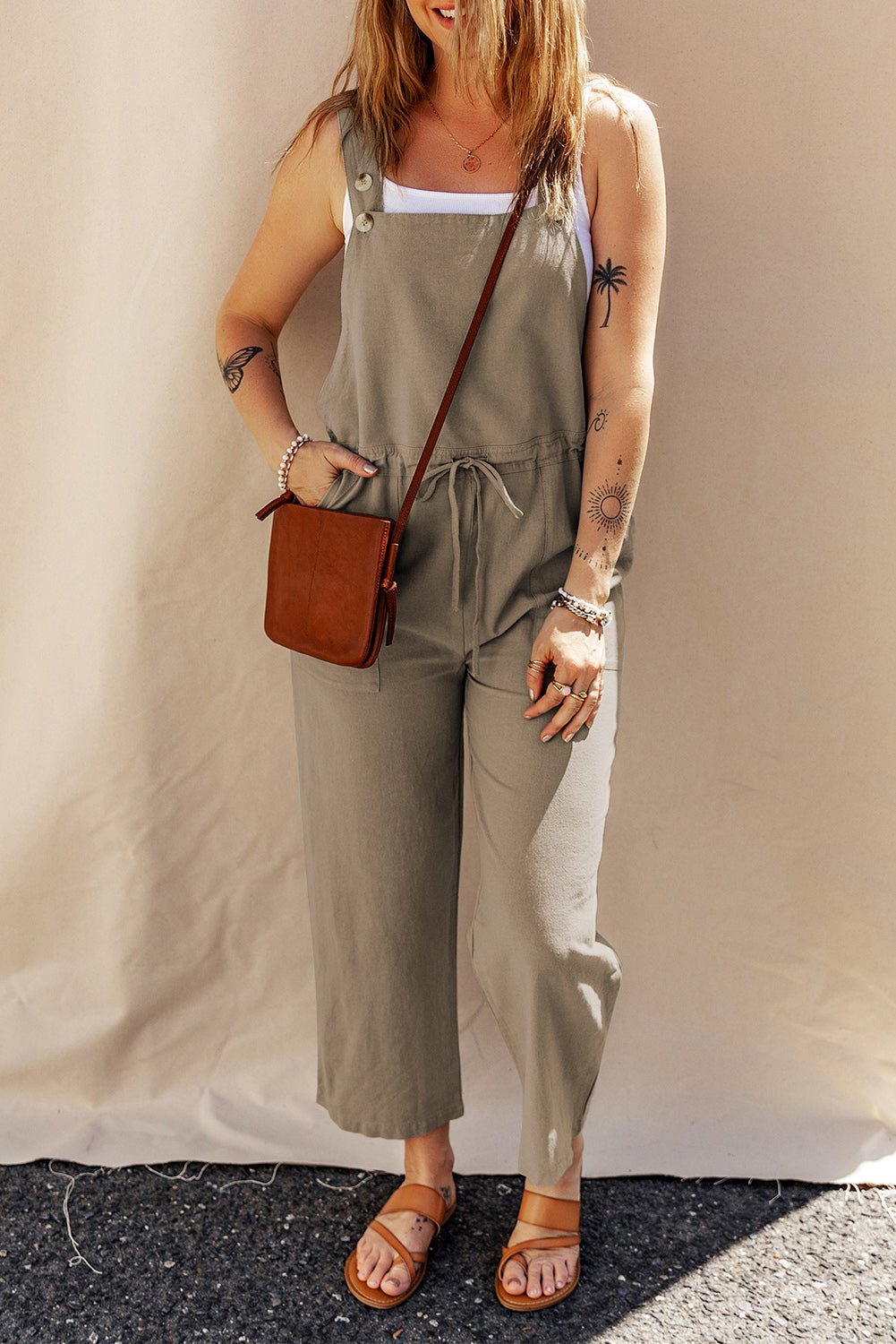 Drawstring Wide Strap Overalls with Pockets - Flip Flop Dynasty