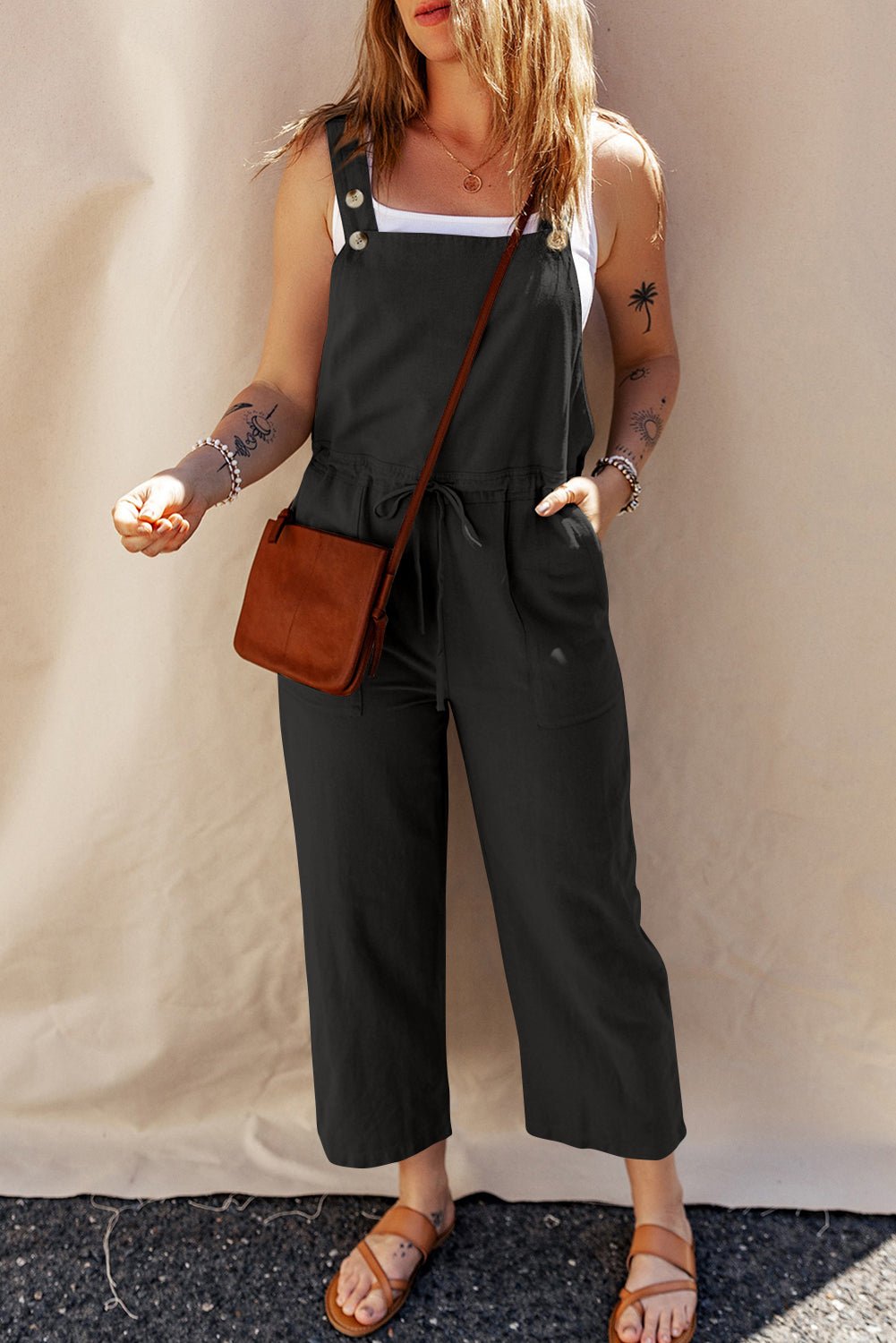 Drawstring Wide Strap Overalls with Pockets - Flip Flop Dynasty