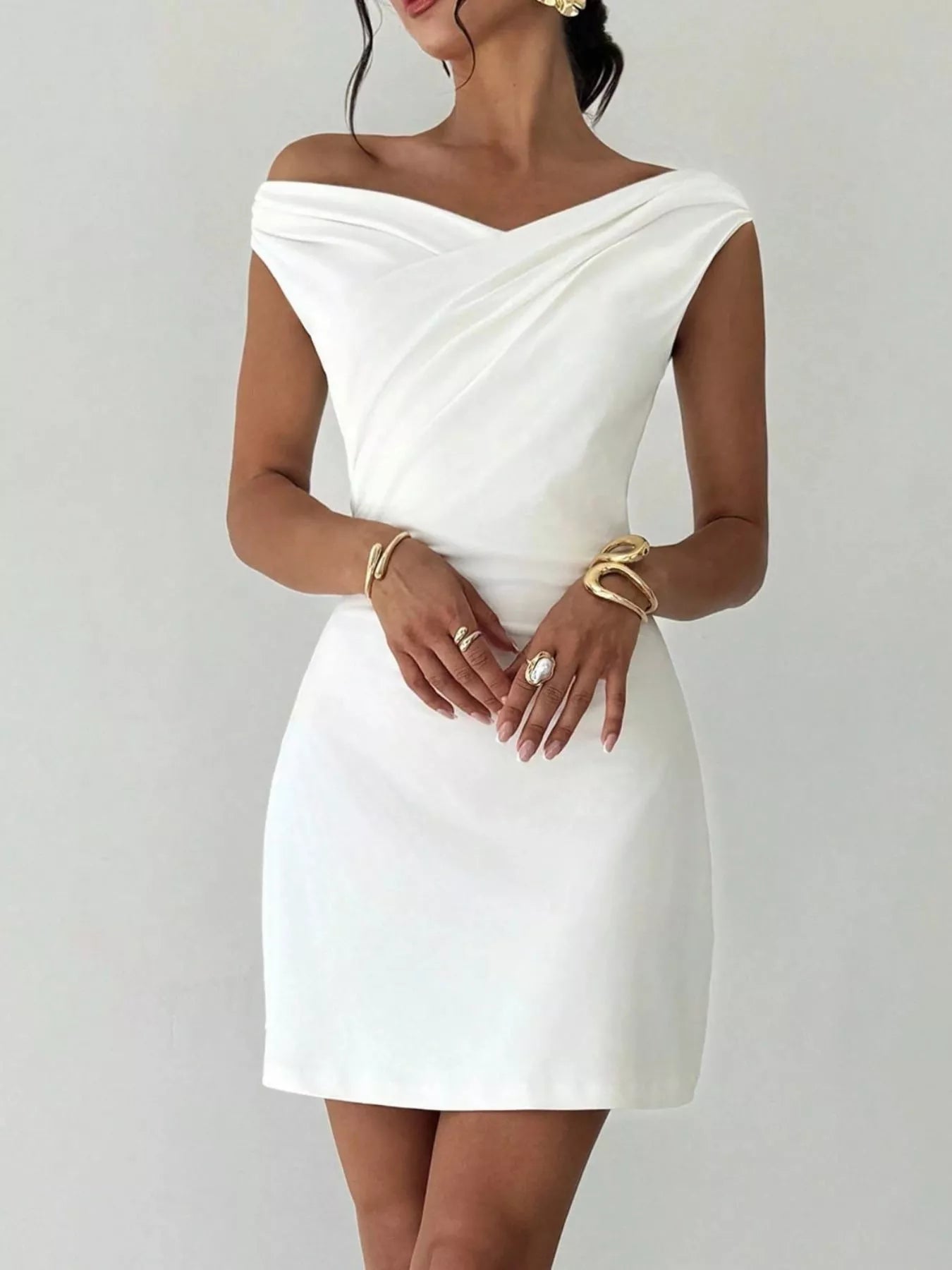 Elegant Off - Shoulder Draped Mini Dress - Flip Flop Dynasty
