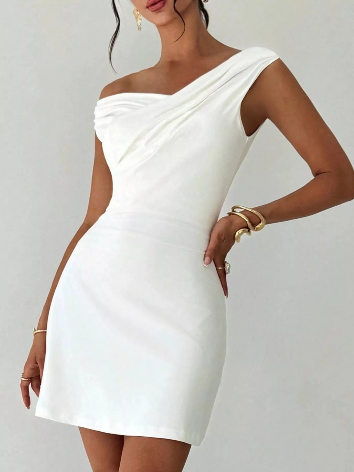 Elegant Off - Shoulder Draped Mini Dress - Flip Flop Dynasty