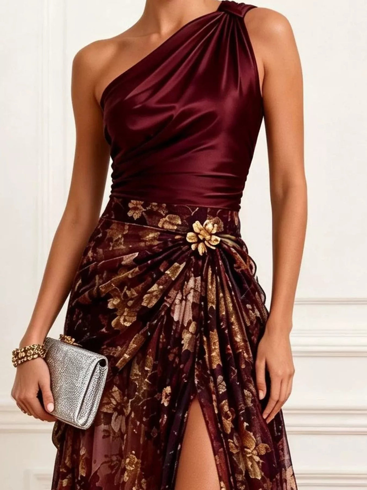 Elegant One-Shoulder Floral Print High-Slit Evening Dress - Flip Flop Dynasty