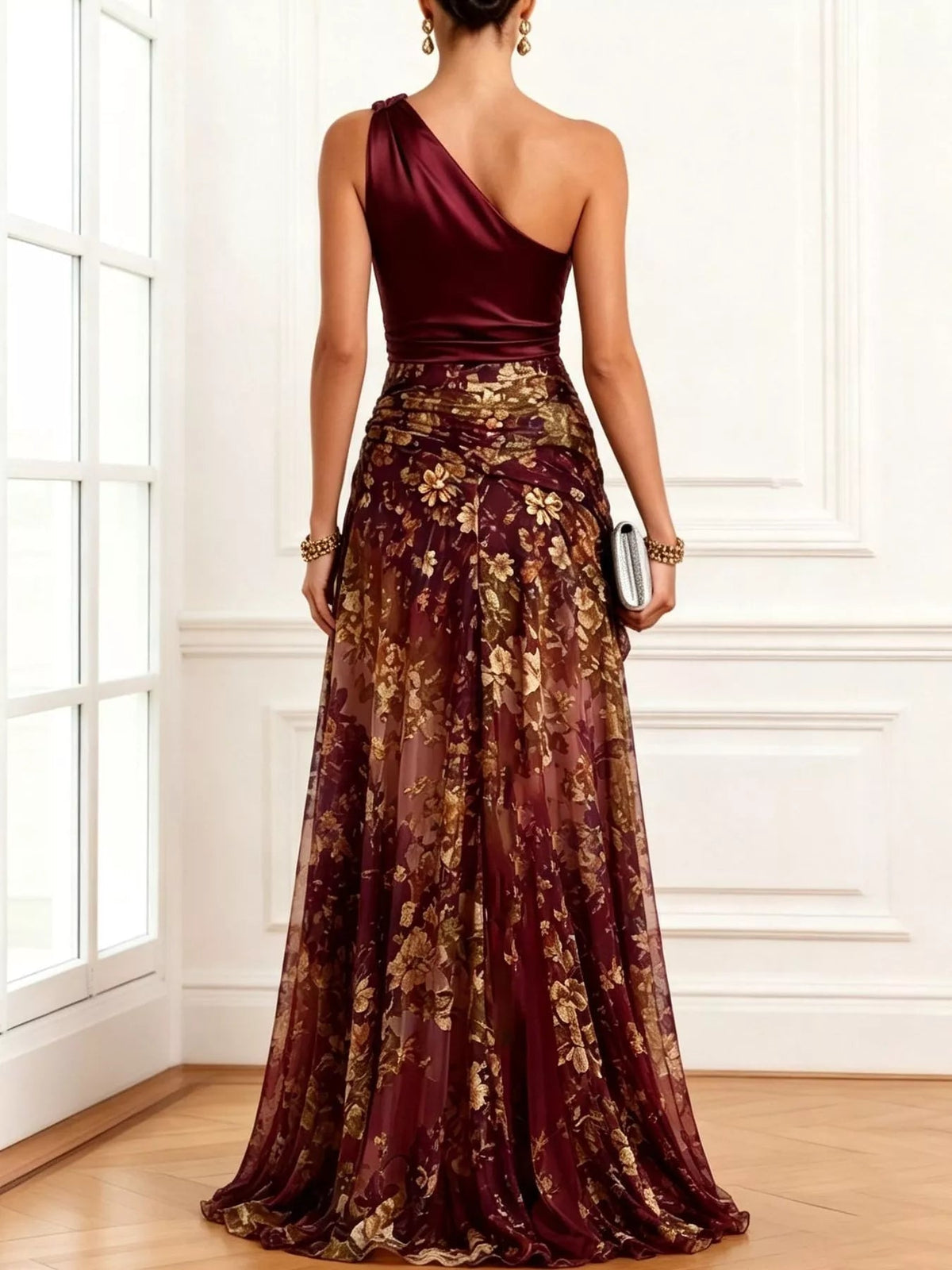 Elegant One-Shoulder Floral Print High-Slit Evening Dress - Flip Flop Dynasty
