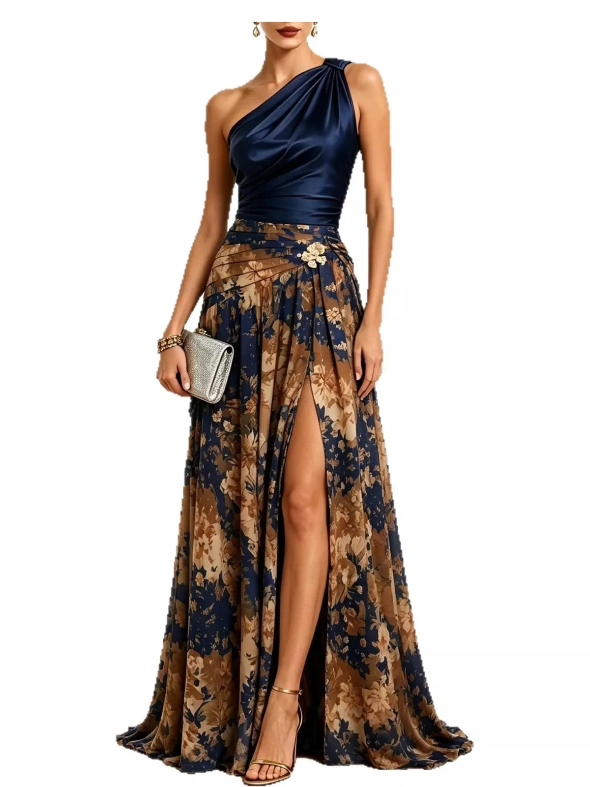 Elegant One-Shoulder Floral Print High-Slit Evening Dress - Flip Flop Dynasty