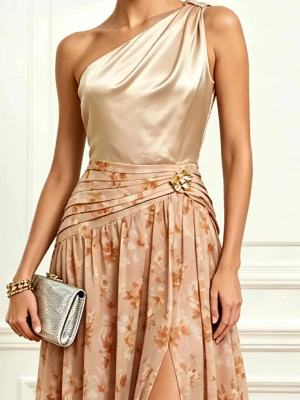 Elegant One-Shoulder Floral Print High-Slit Evening Dress - Flip Flop Dynasty