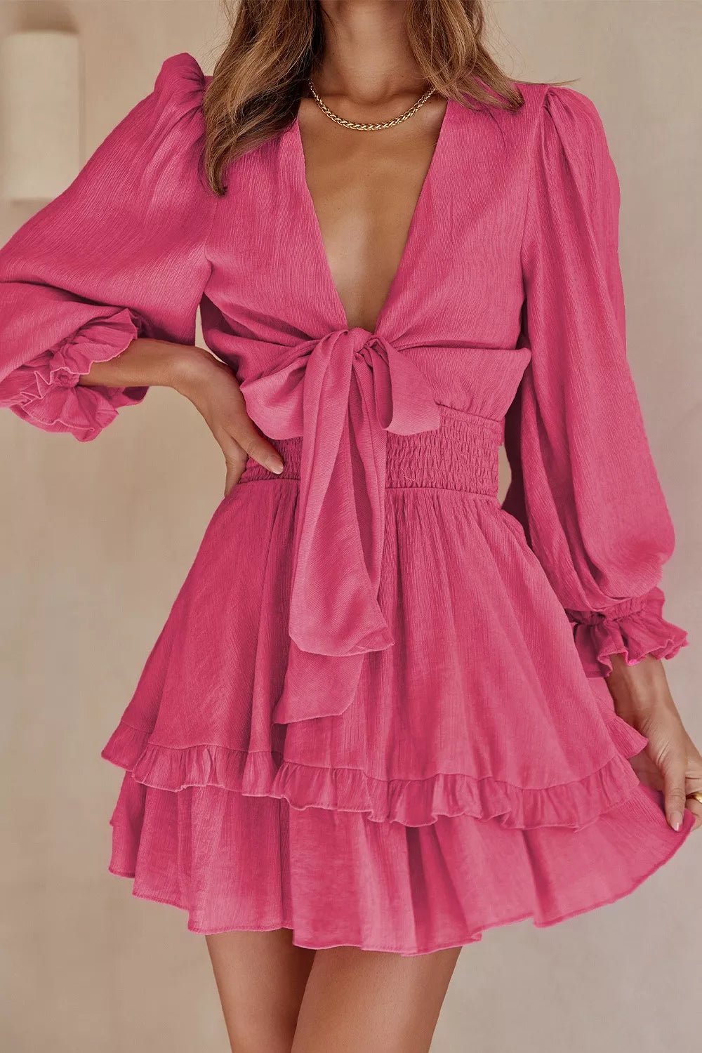 Elegant Tie - Front Ruffle Mini Dress with Smocked Waist - Flip Flop Dynasty