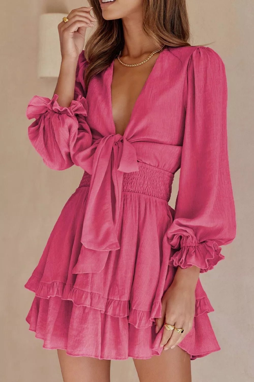 Elegant Tie - Front Ruffle Mini Dress with Smocked Waist - Flip Flop Dynasty