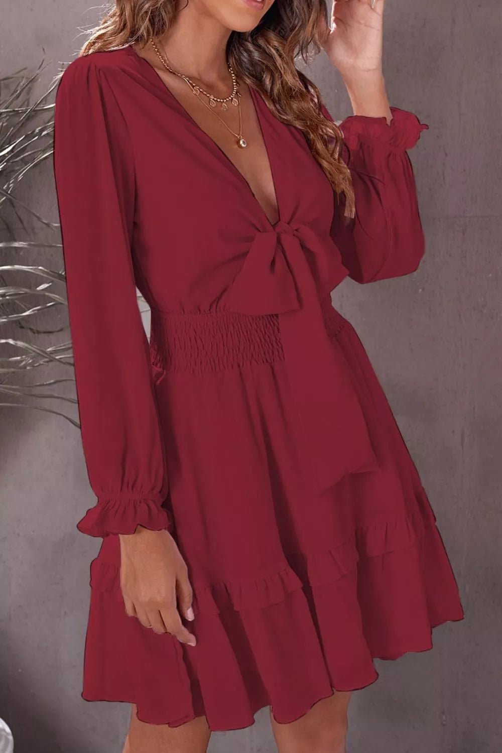 Elegant Tie - Front Ruffle Mini Dress with Smocked Waist - Flip Flop Dynasty