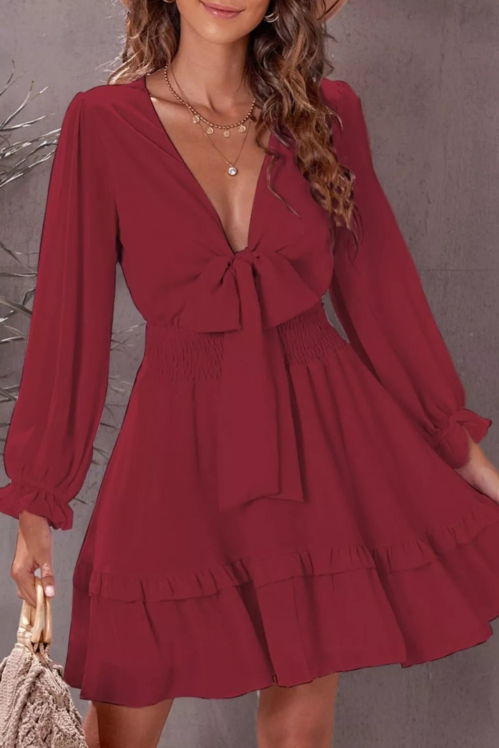 Elegant Tie - Front Ruffle Mini Dress with Smocked Waist - Flip Flop Dynasty