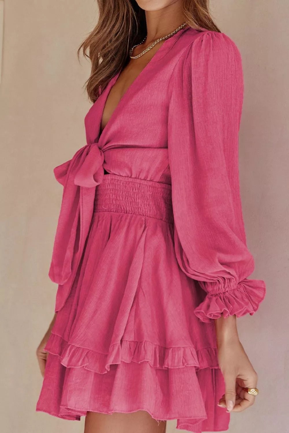 Elegant Tie - Front Ruffle Mini Dress with Smocked Waist - Flip Flop Dynasty