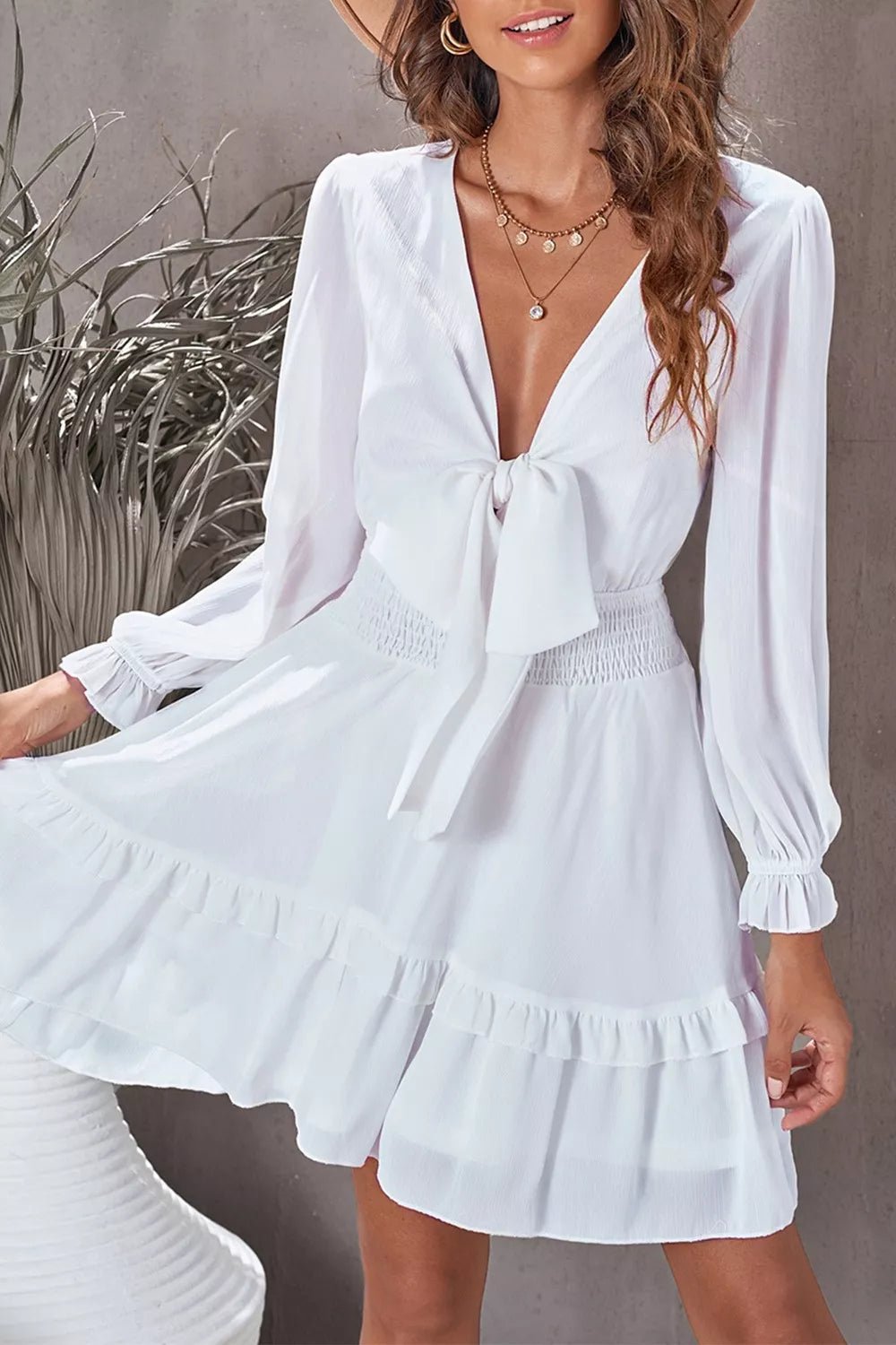Elegant Tie - Front Ruffle Mini Dress with Smocked Waist - Flip Flop Dynasty