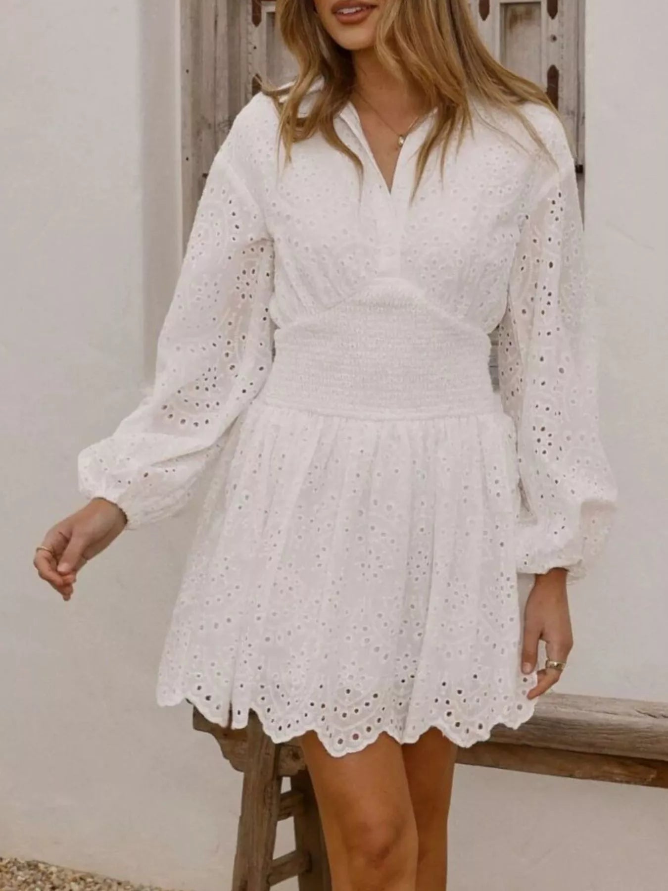 Eyelet Balloon Sleeve Mini Dress - Flip Flop Dynasty