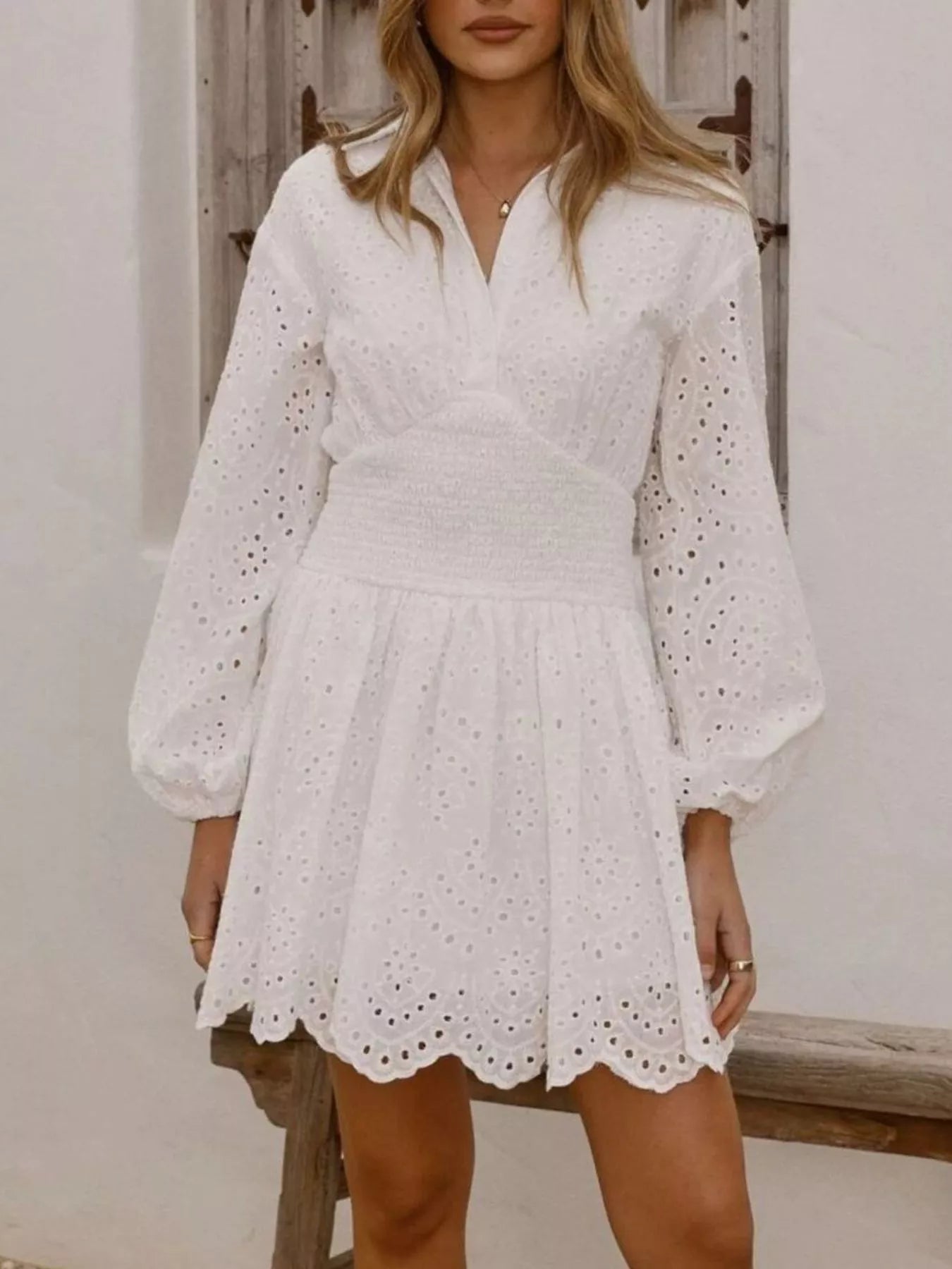 Eyelet Balloon Sleeve Mini Dress - Flip Flop Dynasty