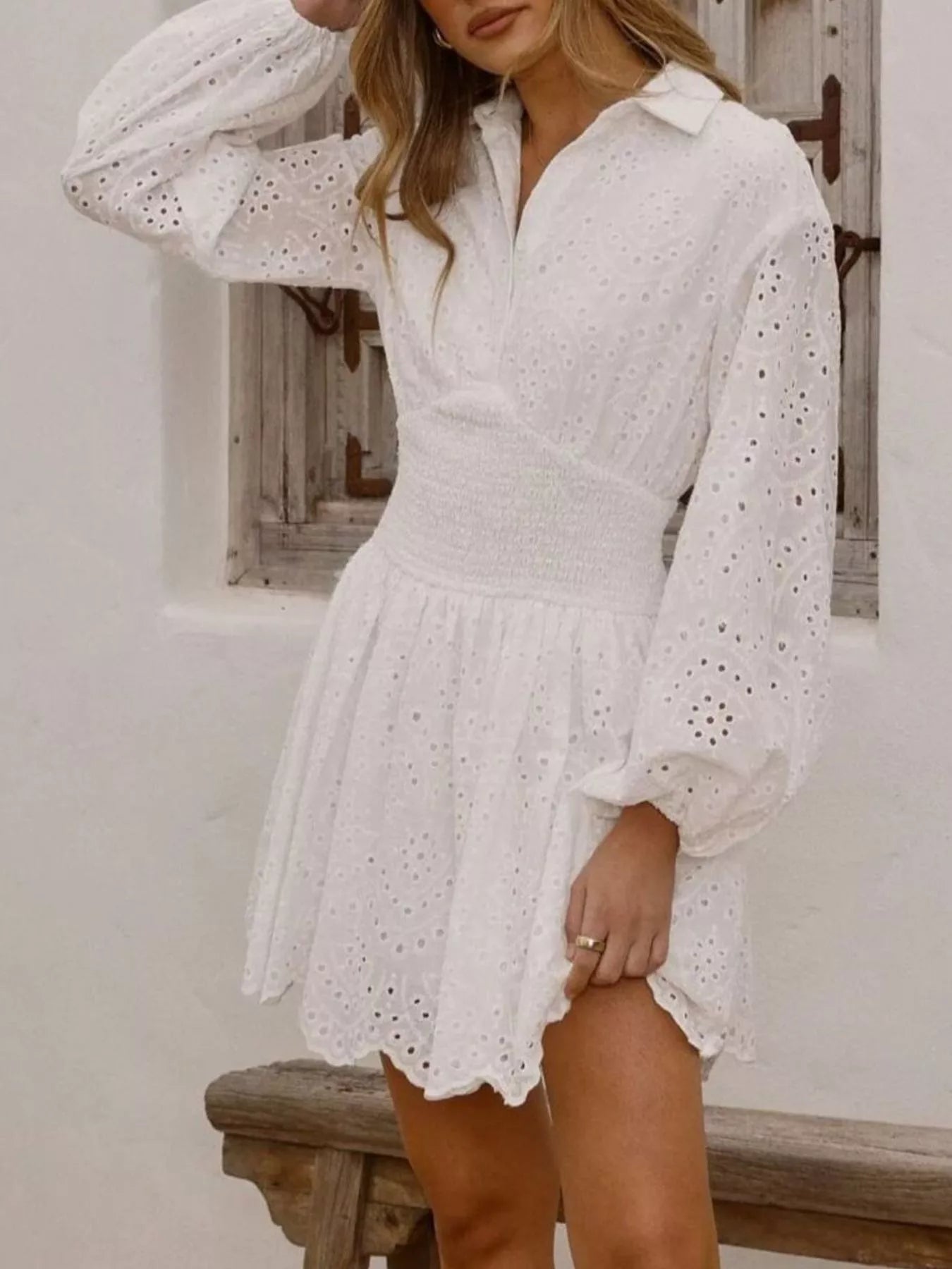 Eyelet Balloon Sleeve Mini Dress - Flip Flop Dynasty