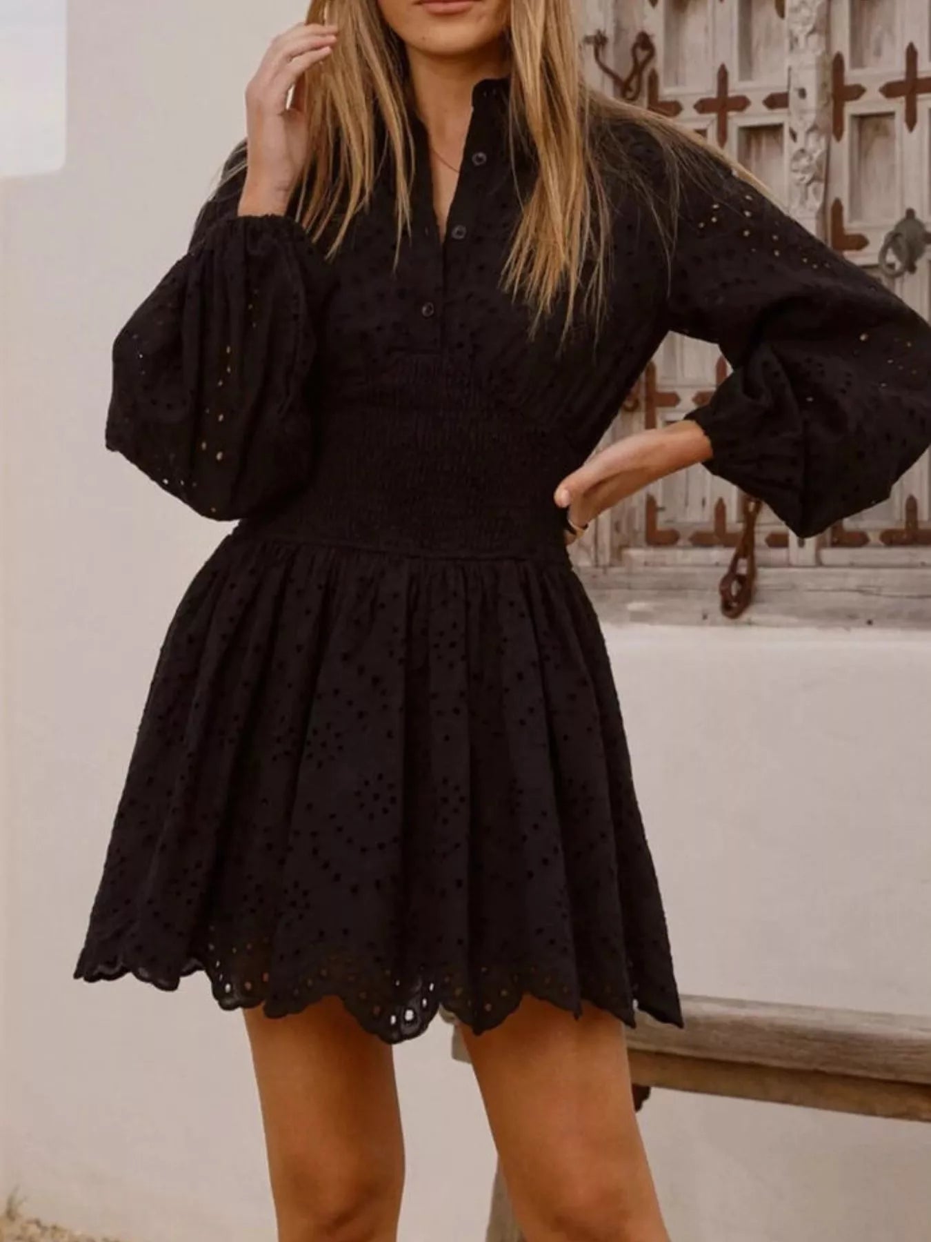 Eyelet Balloon Sleeve Mini Dress - Flip Flop Dynasty