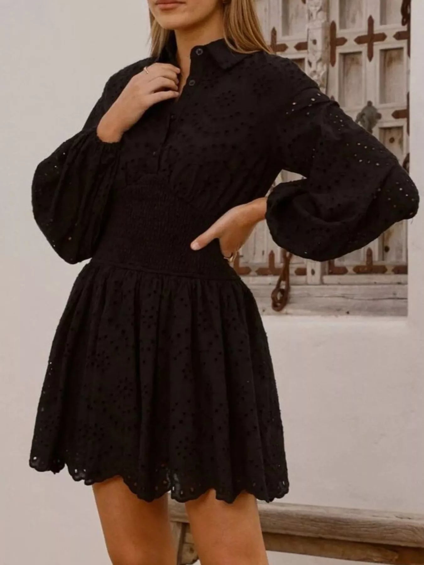 Eyelet Balloon Sleeve Mini Dress - Flip Flop Dynasty