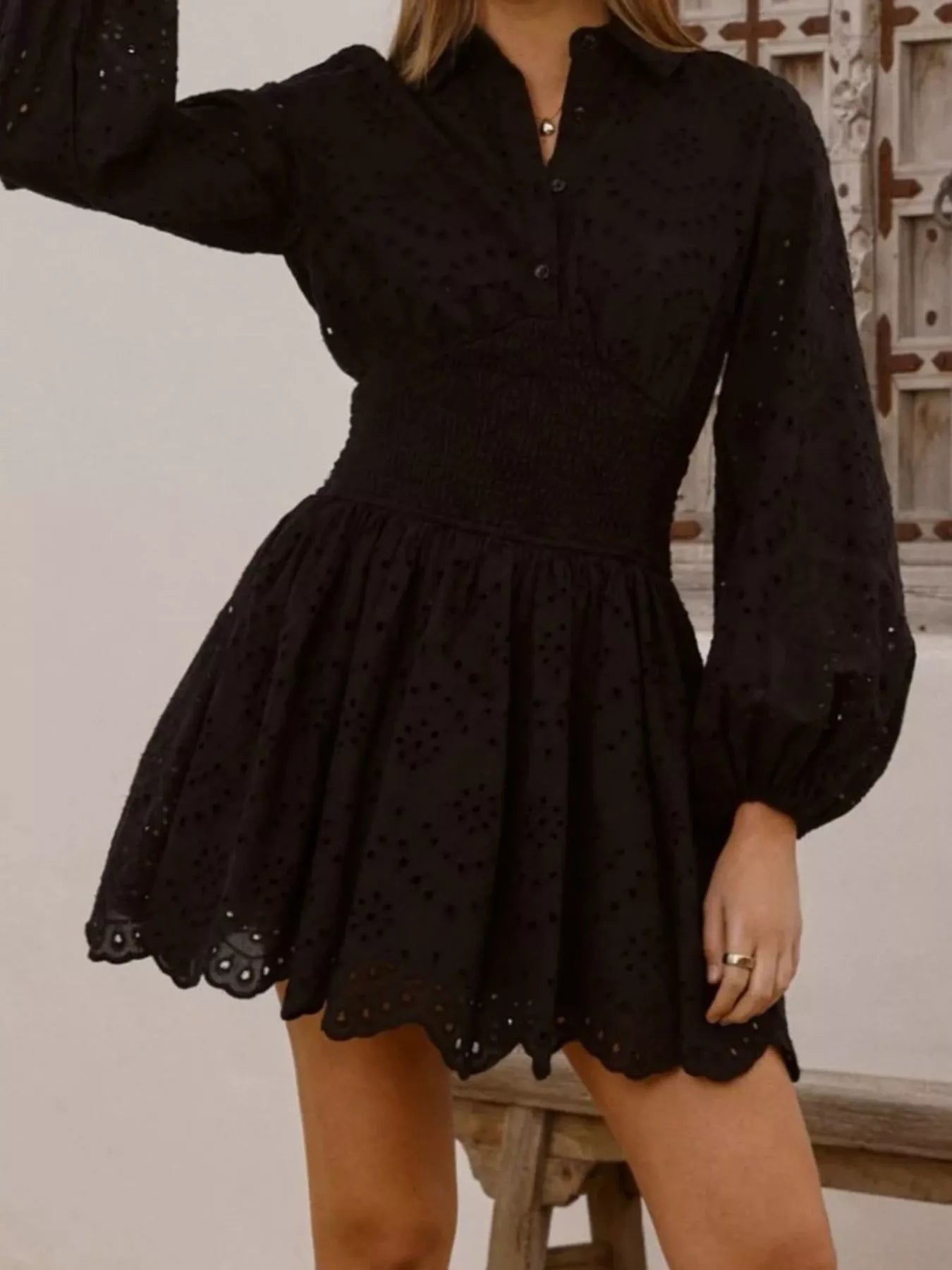 Eyelet Balloon Sleeve Mini Dress - Flip Flop Dynasty