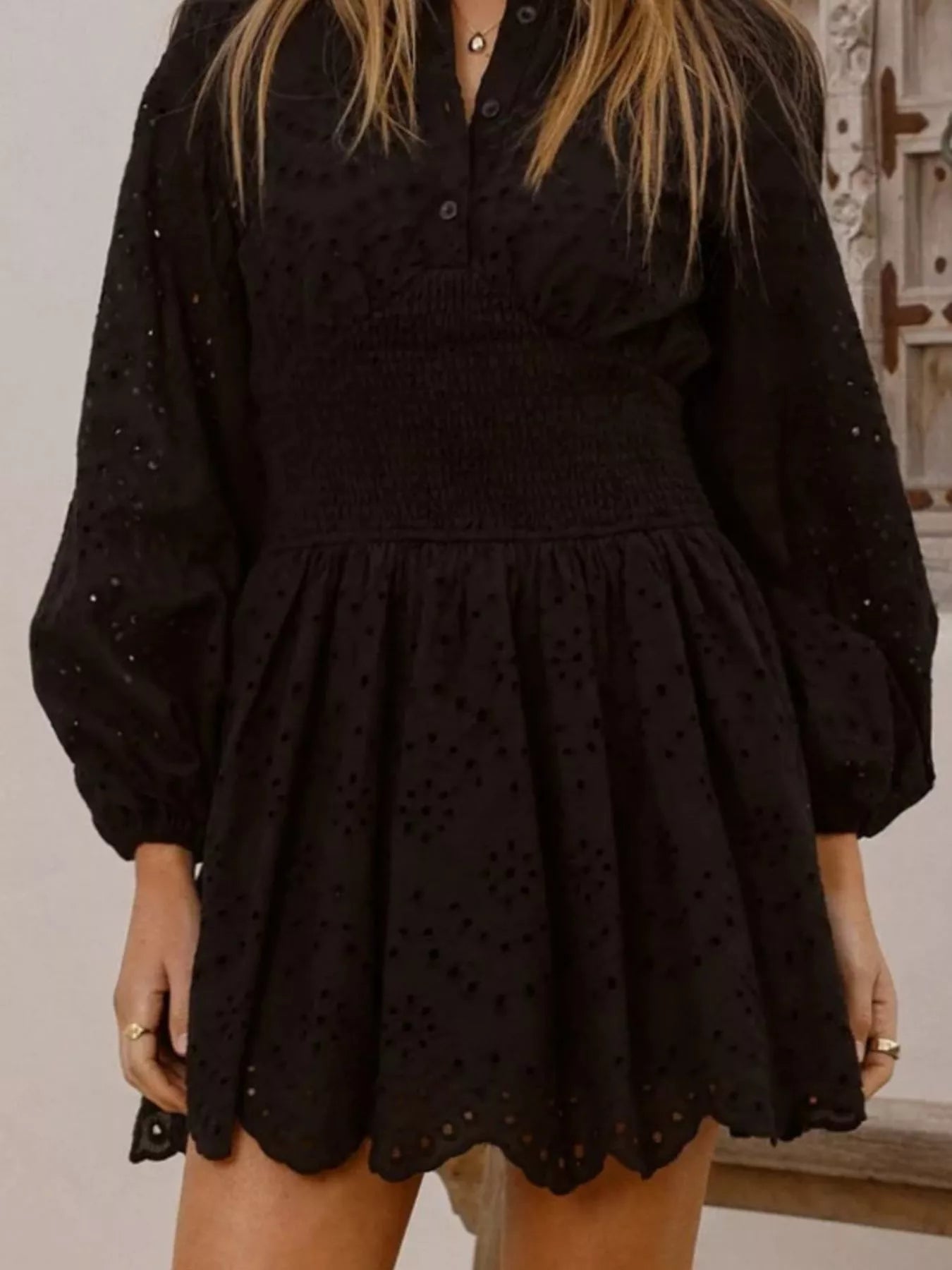 Eyelet Balloon Sleeve Mini Dress - Flip Flop Dynasty