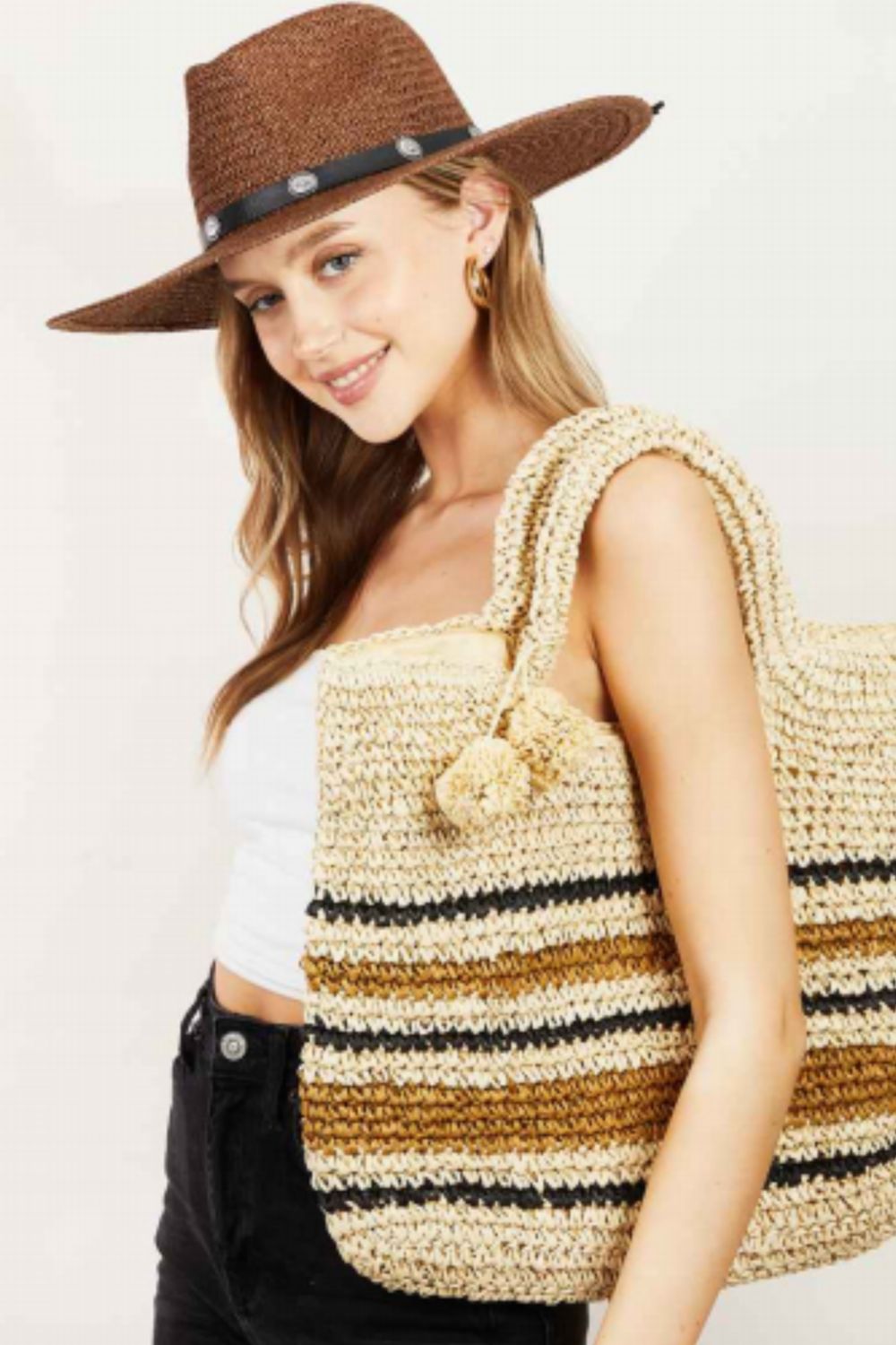 Fame Striped Straw Braided Tote Bag - Flip Flop Dynasty