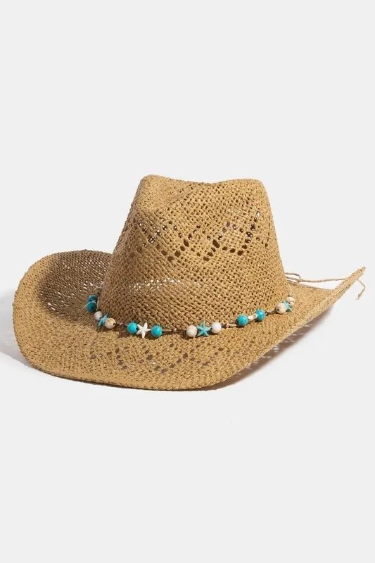 Fame Turquoise and Shell Star Beads Strap Western Straw Hat - Flip Flop Dynasty