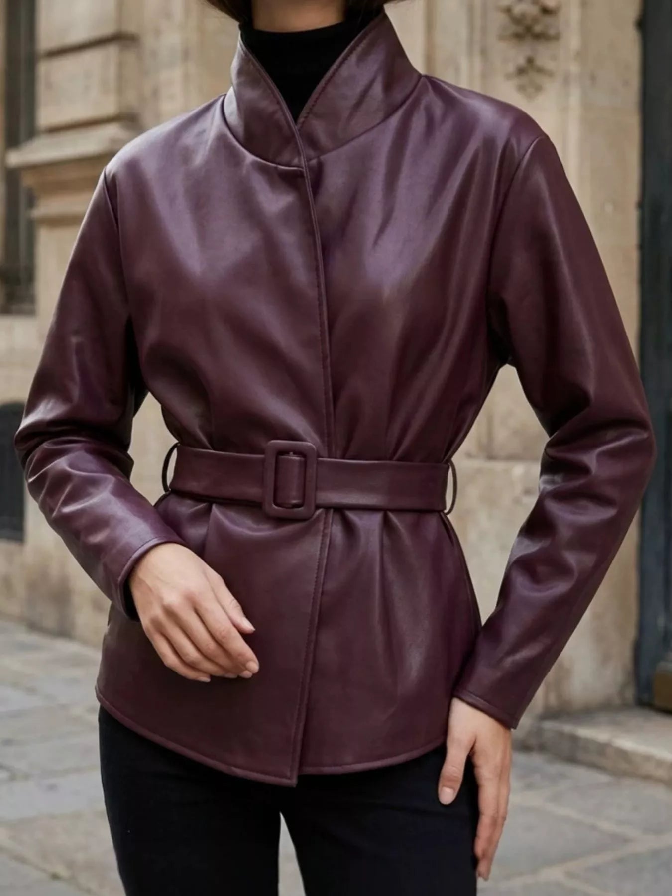Faux Leather Belted Jacket - Flip Flop Dynasty