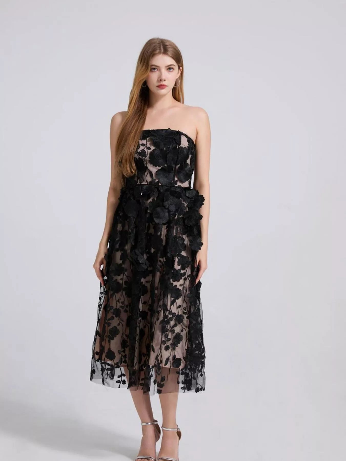 Floral Applique Strapless Midi Dress - Flip Flop Dynasty