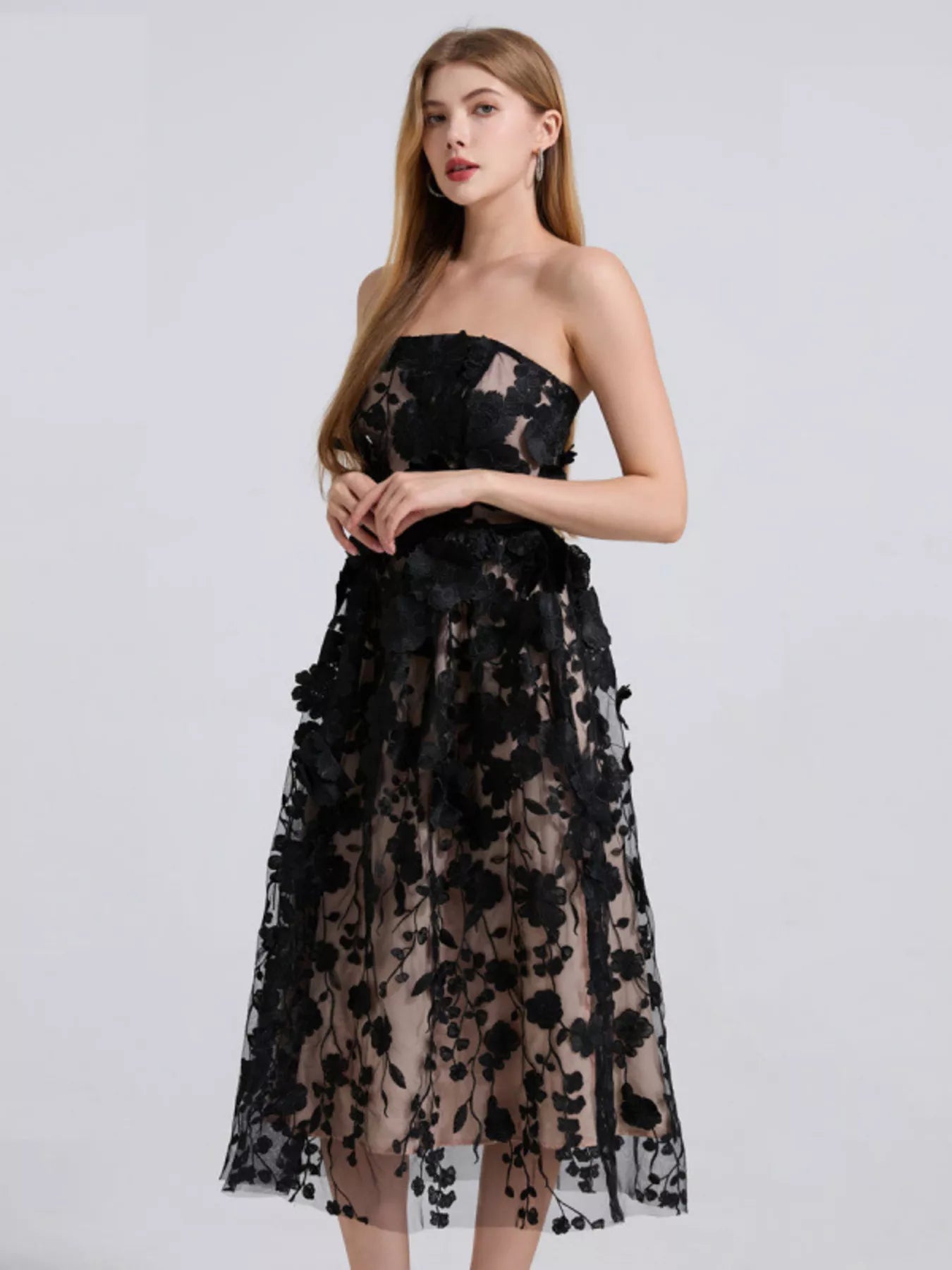 Floral Applique Strapless Midi Dress - Flip Flop Dynasty