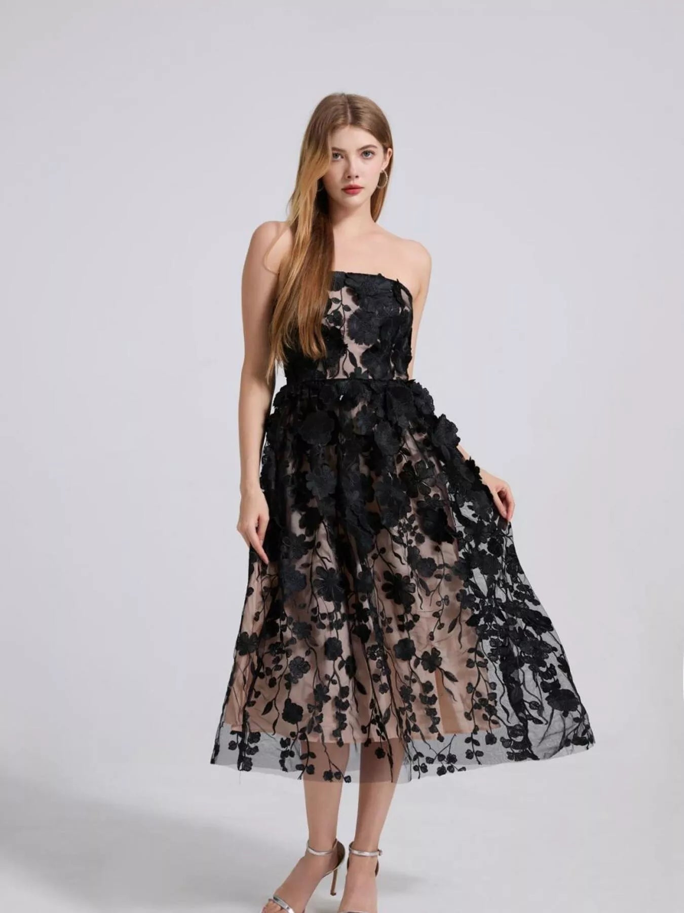Floral Applique Strapless Midi Dress - Flip Flop Dynasty