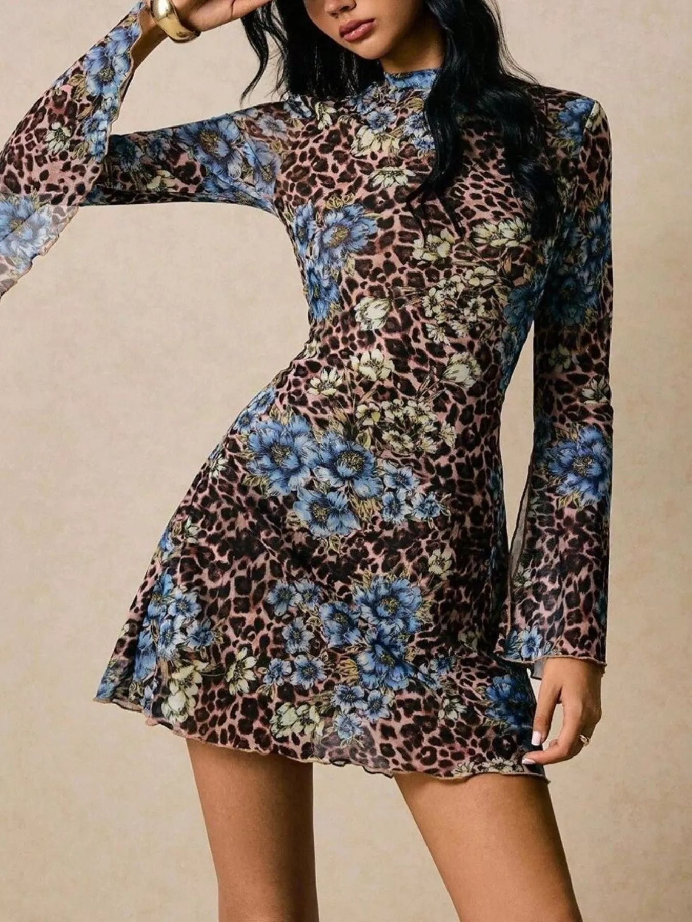 Floral Leopard Print Slit Sleeve Mini Dress - Flip Flop Dynasty