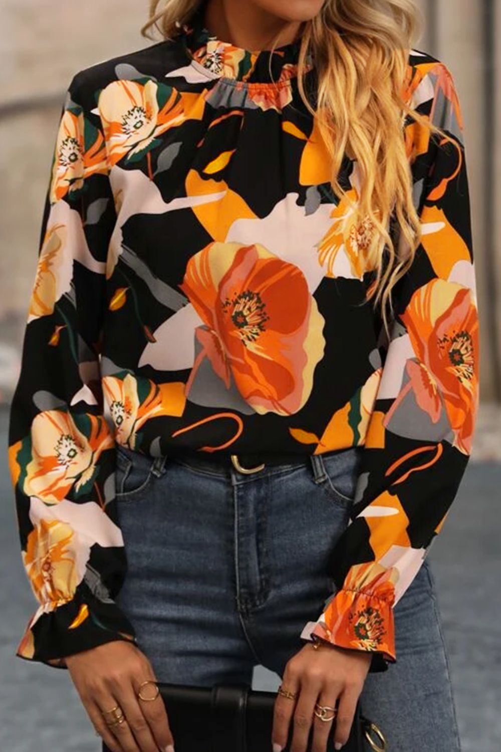 Floral Mock Neck Flounce Sleeve Blouse - Flip Flop Dynasty