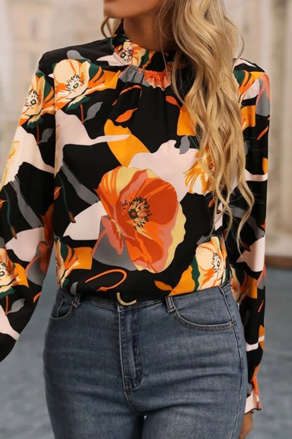 Floral Mock Neck Flounce Sleeve Blouse - Flip Flop Dynasty