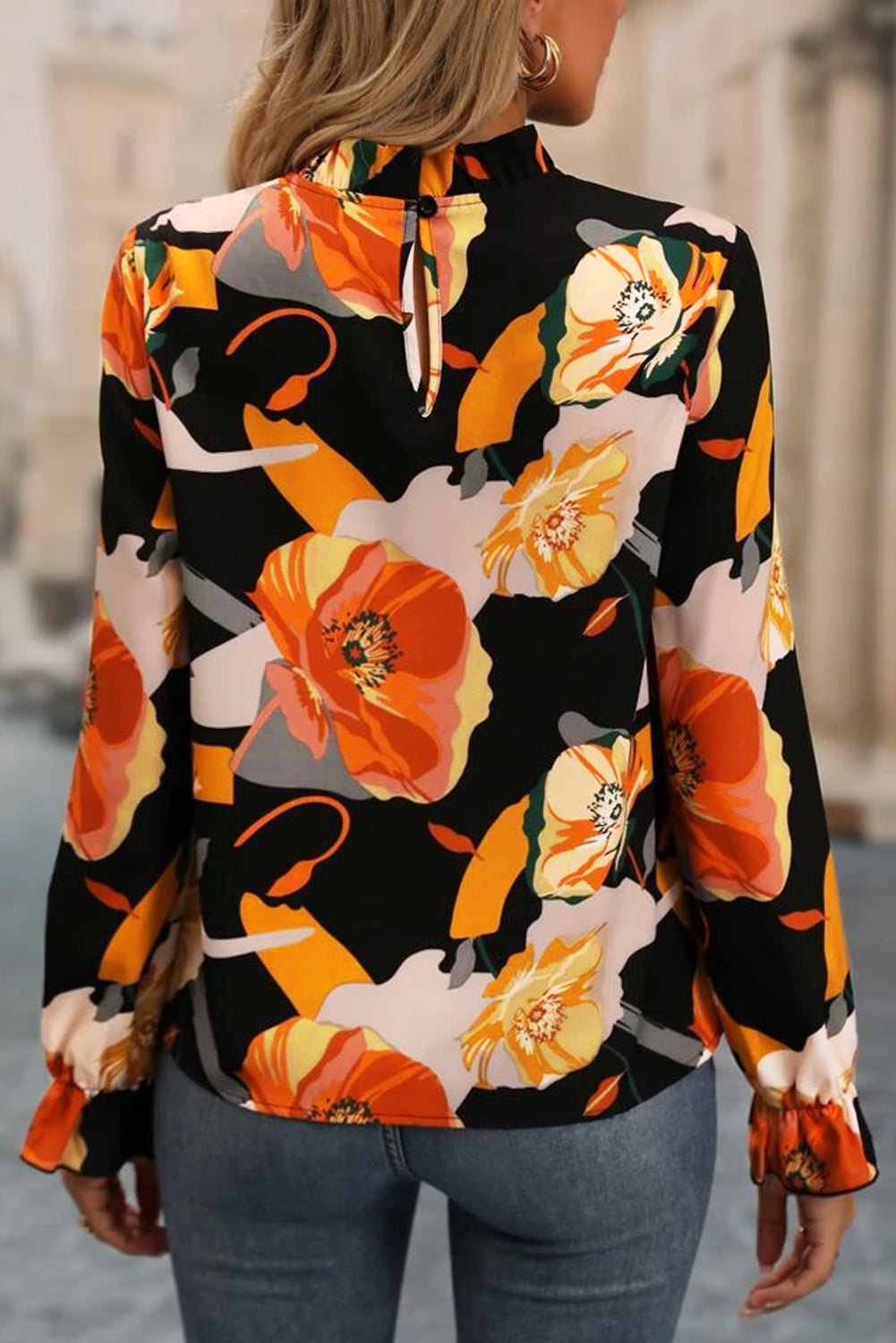 Floral Mock Neck Flounce Sleeve Blouse - Flip Flop Dynasty