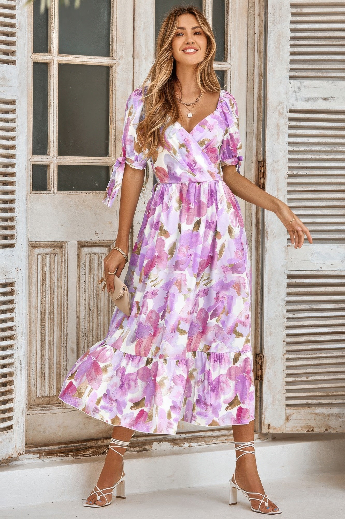 Floral Paint Short Sleeve Tie Cuff Surplice Dress - Flip Flop Dynasty