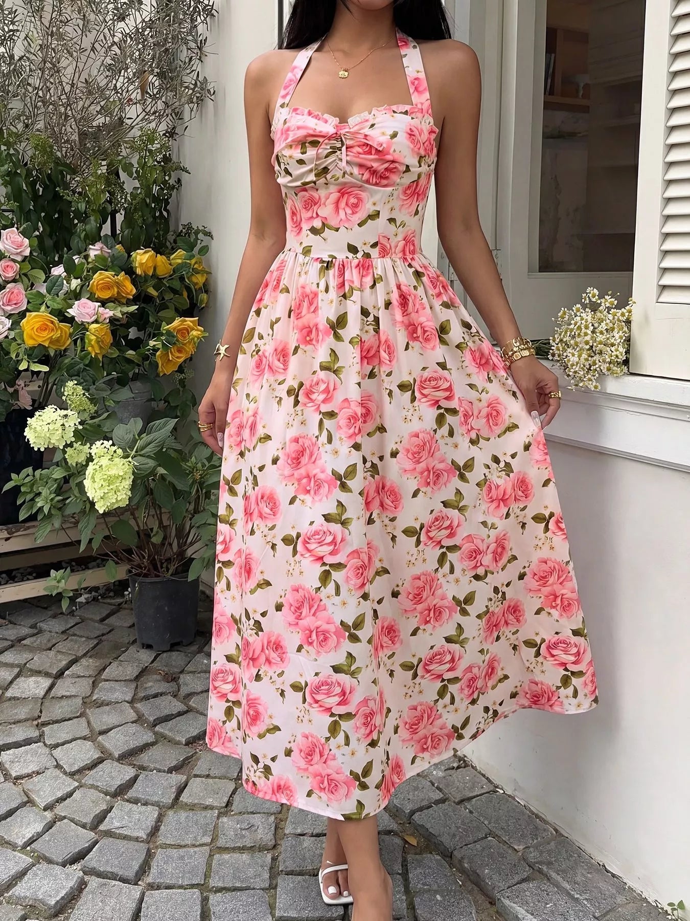 Floral Print Halter Neck Midi Dress - Flip Flop Dynasty