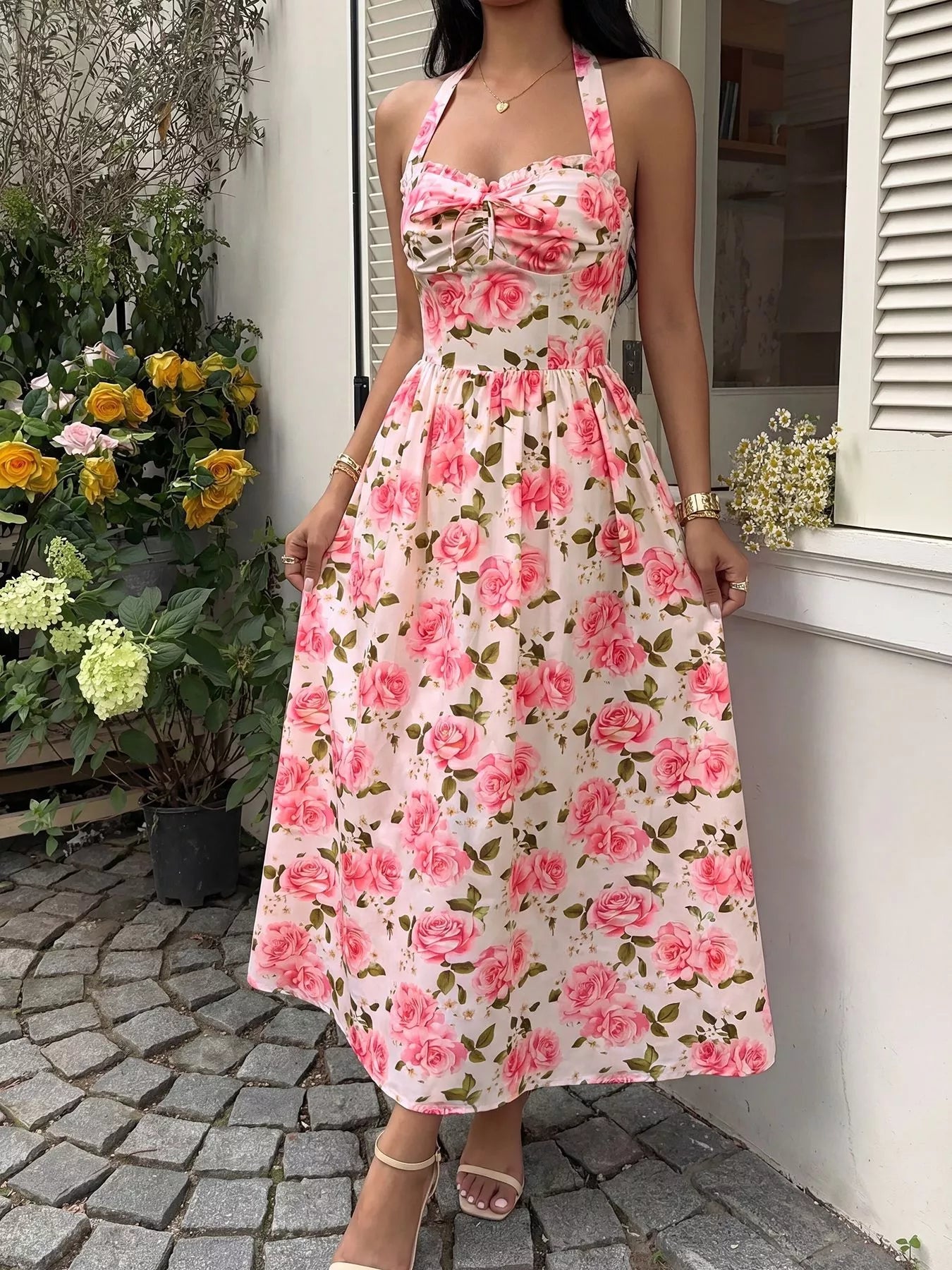 Floral Print Halter Neck Midi Dress - Flip Flop Dynasty