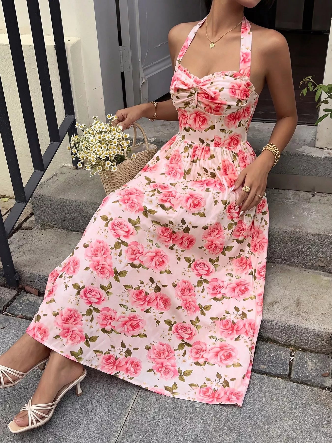 Floral Print Halter Neck Midi Dress - Flip Flop Dynasty