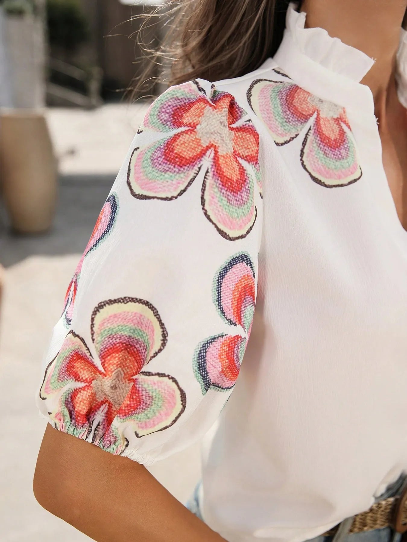 Floral Print Notched Puff Sleeve Blouse - Flip Flop Dynasty