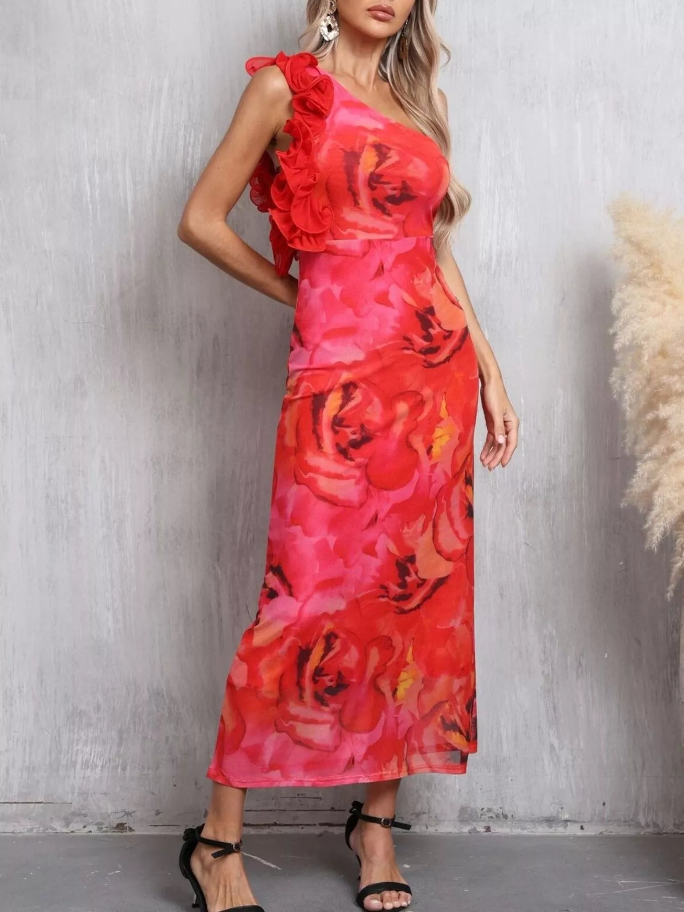 Floral Print One Shoulder Ruffle Trim Dress - Flip Flop Dynasty