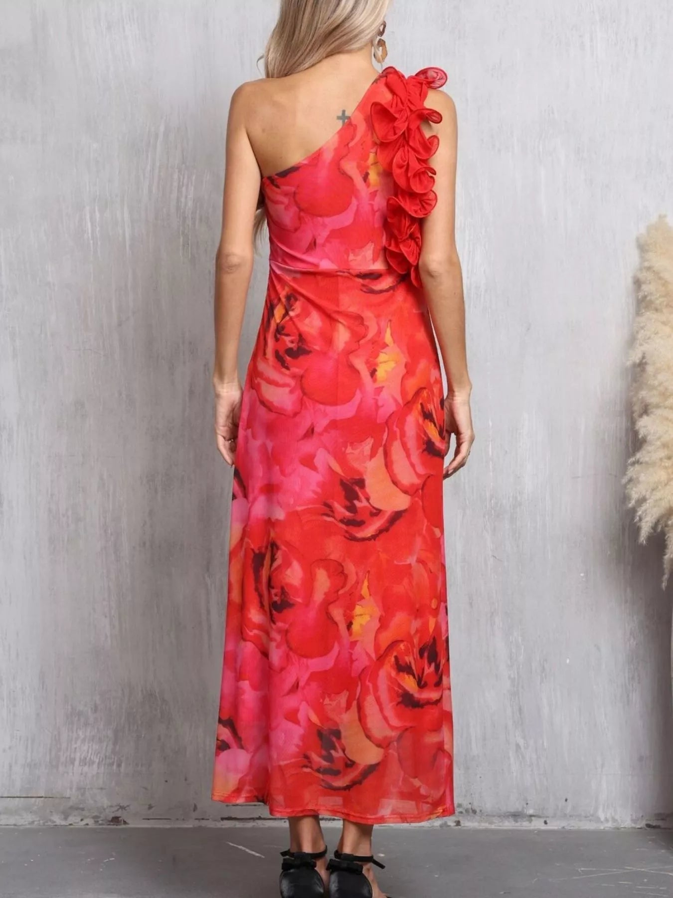 Floral Print One Shoulder Ruffle Trim Dress - Flip Flop Dynasty