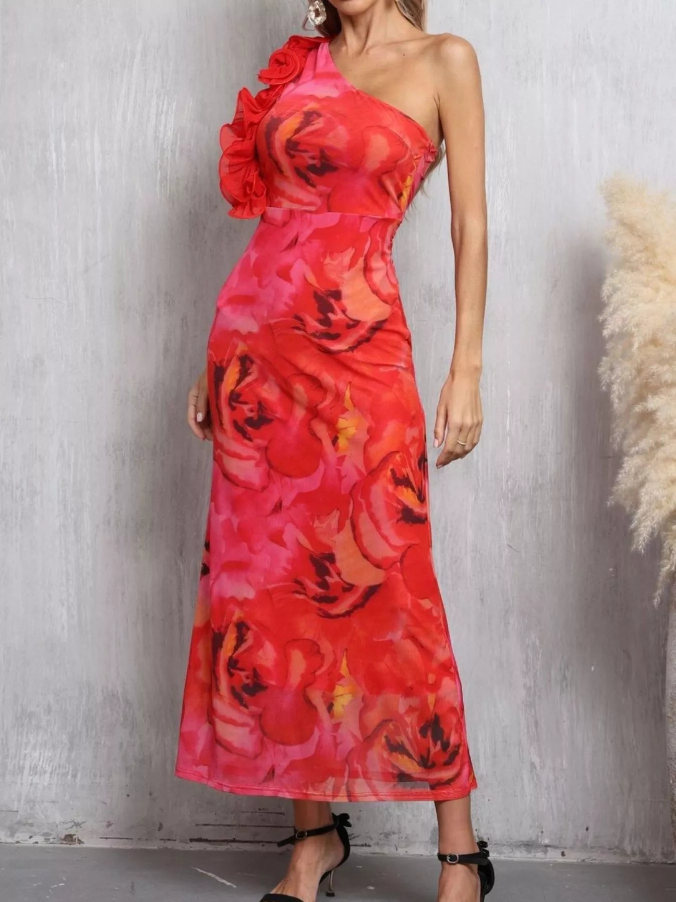 Floral Print One Shoulder Ruffle Trim Dress - Flip Flop Dynasty