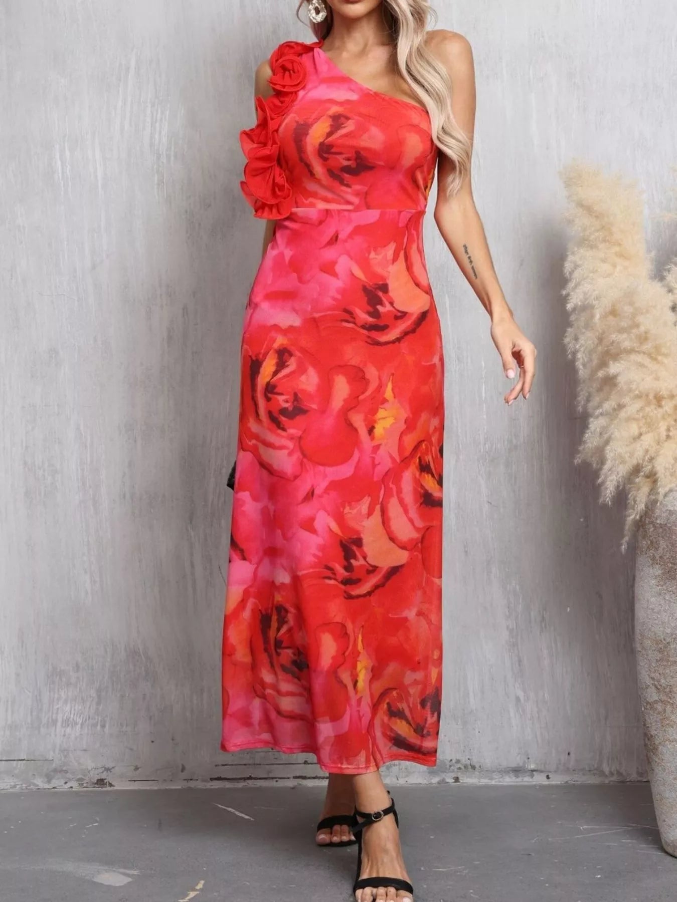 Floral Print One Shoulder Ruffle Trim Dress - Flip Flop Dynasty