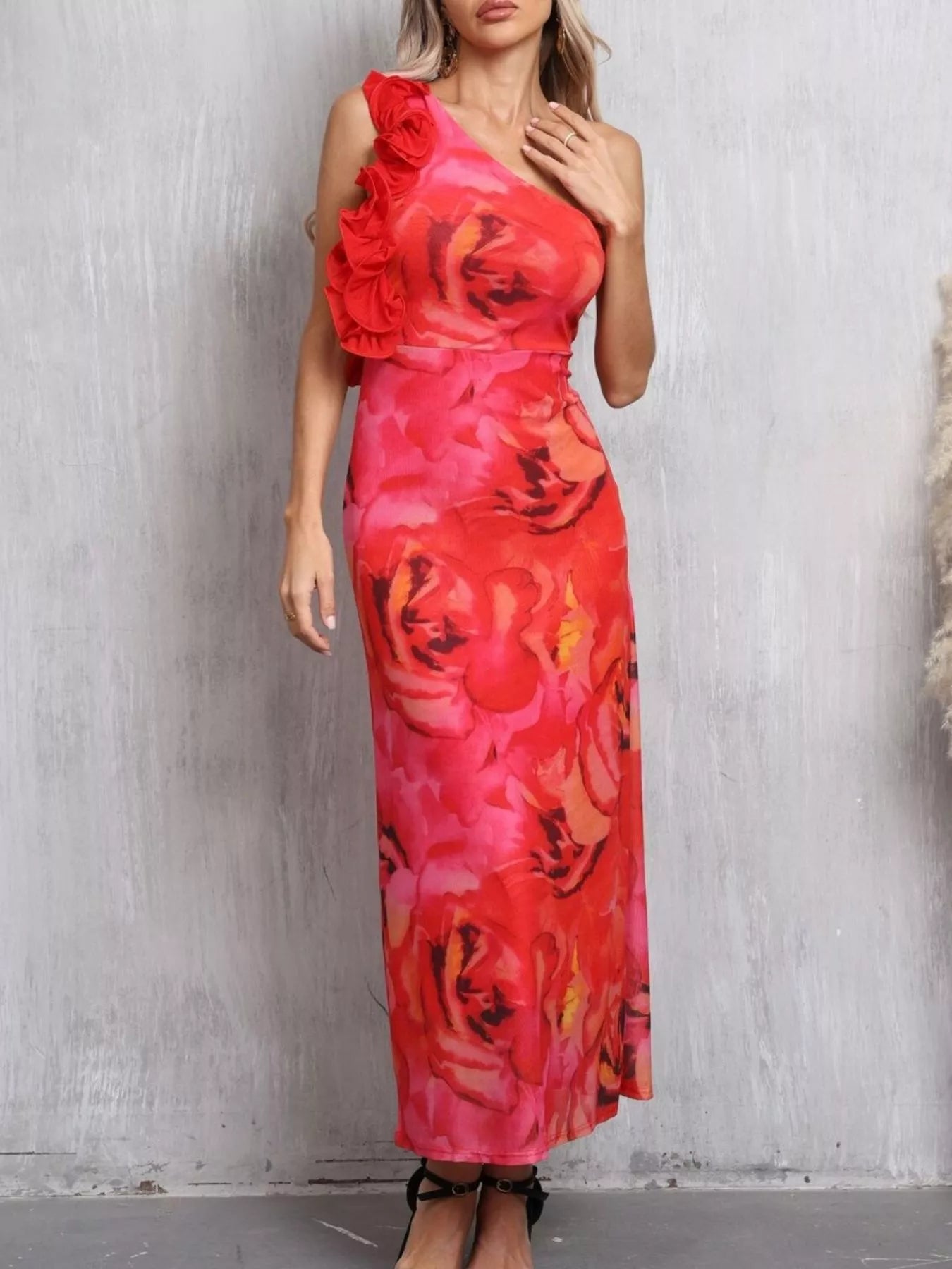 Floral Print One Shoulder Ruffle Trim Dress - Flip Flop Dynasty