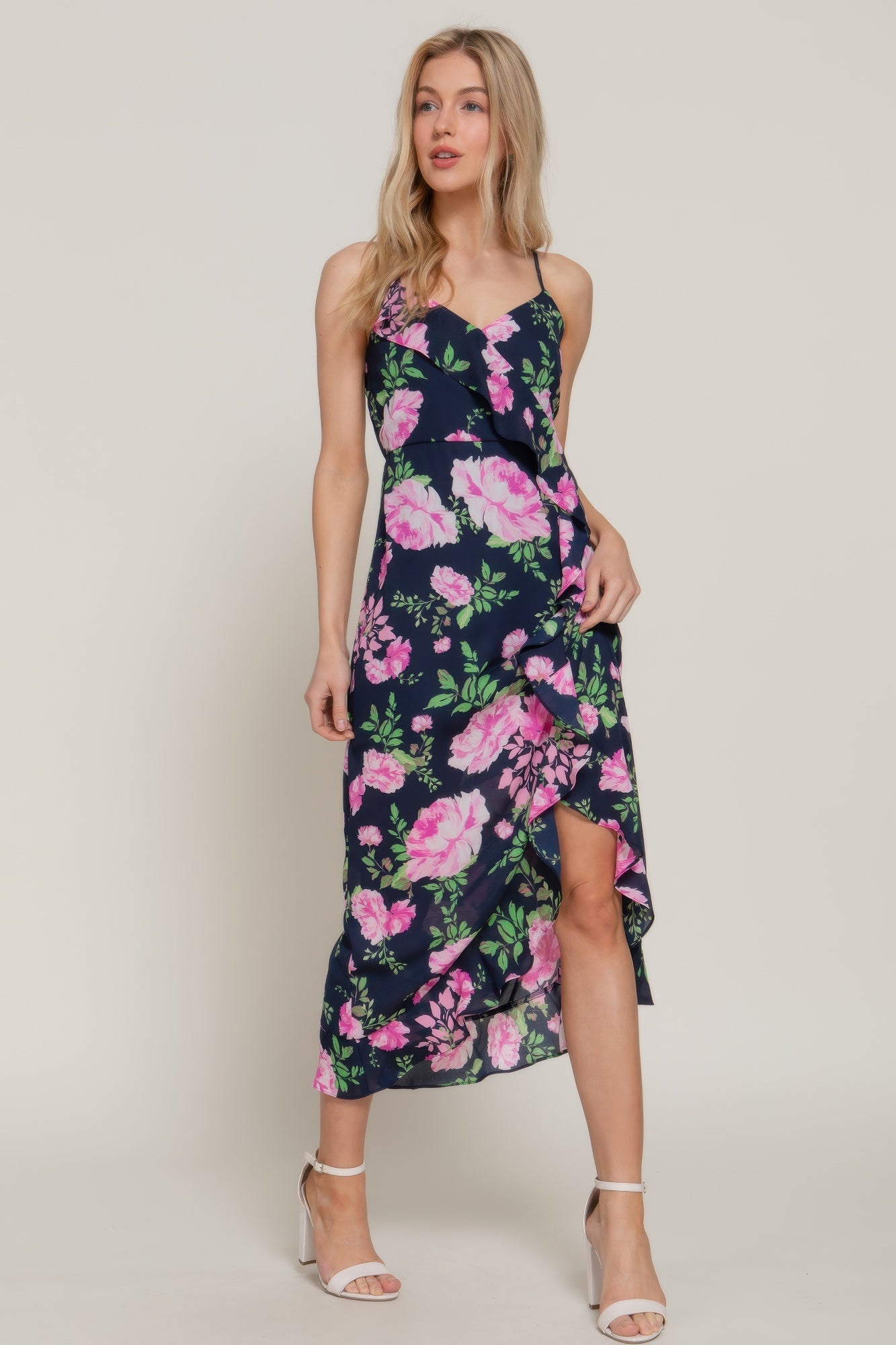 Floral Print Ruffle Slip Midi Dress - Flip Flop Dynasty