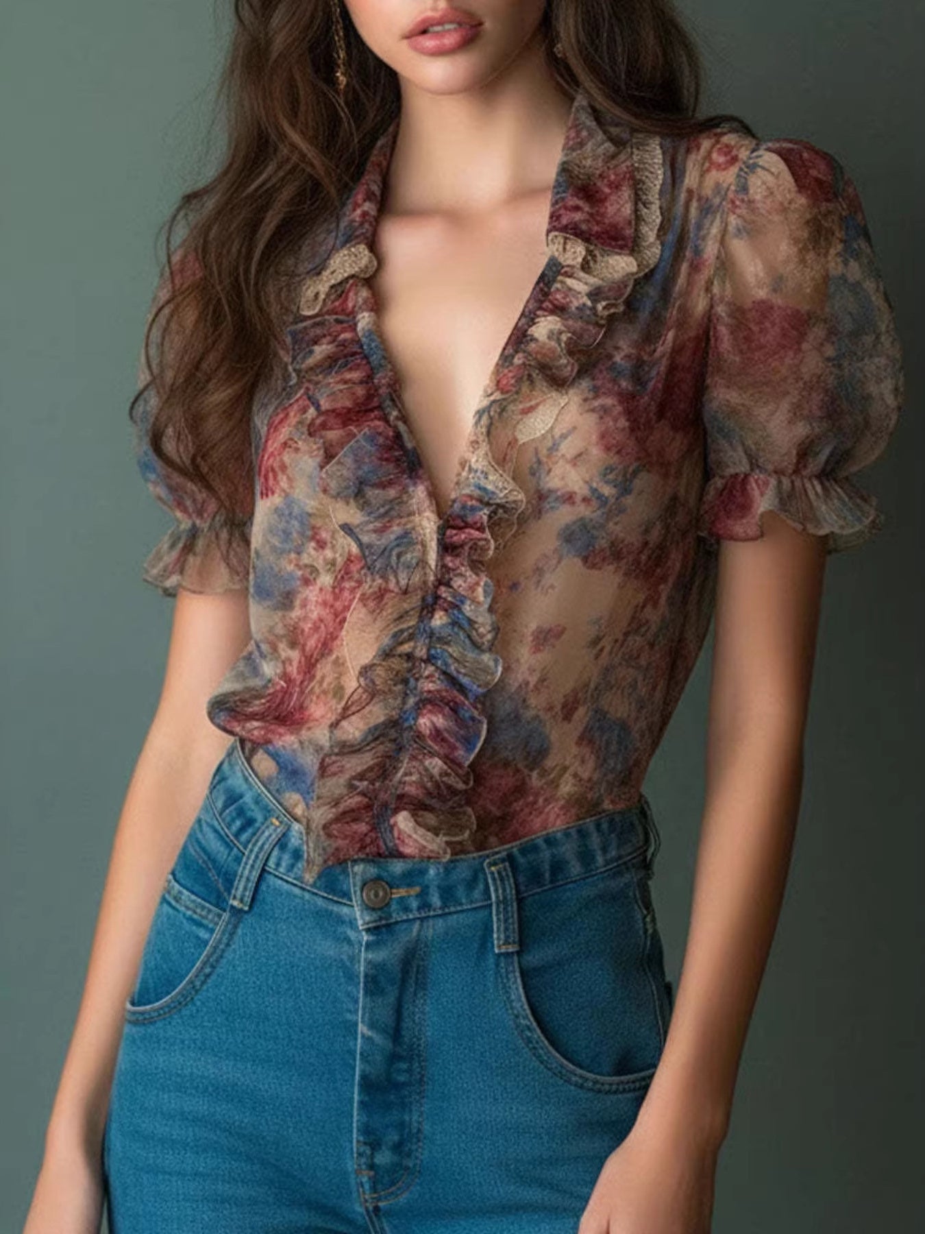 Floral Print Ruffle Trim Blouse - Flip Flop Dynasty