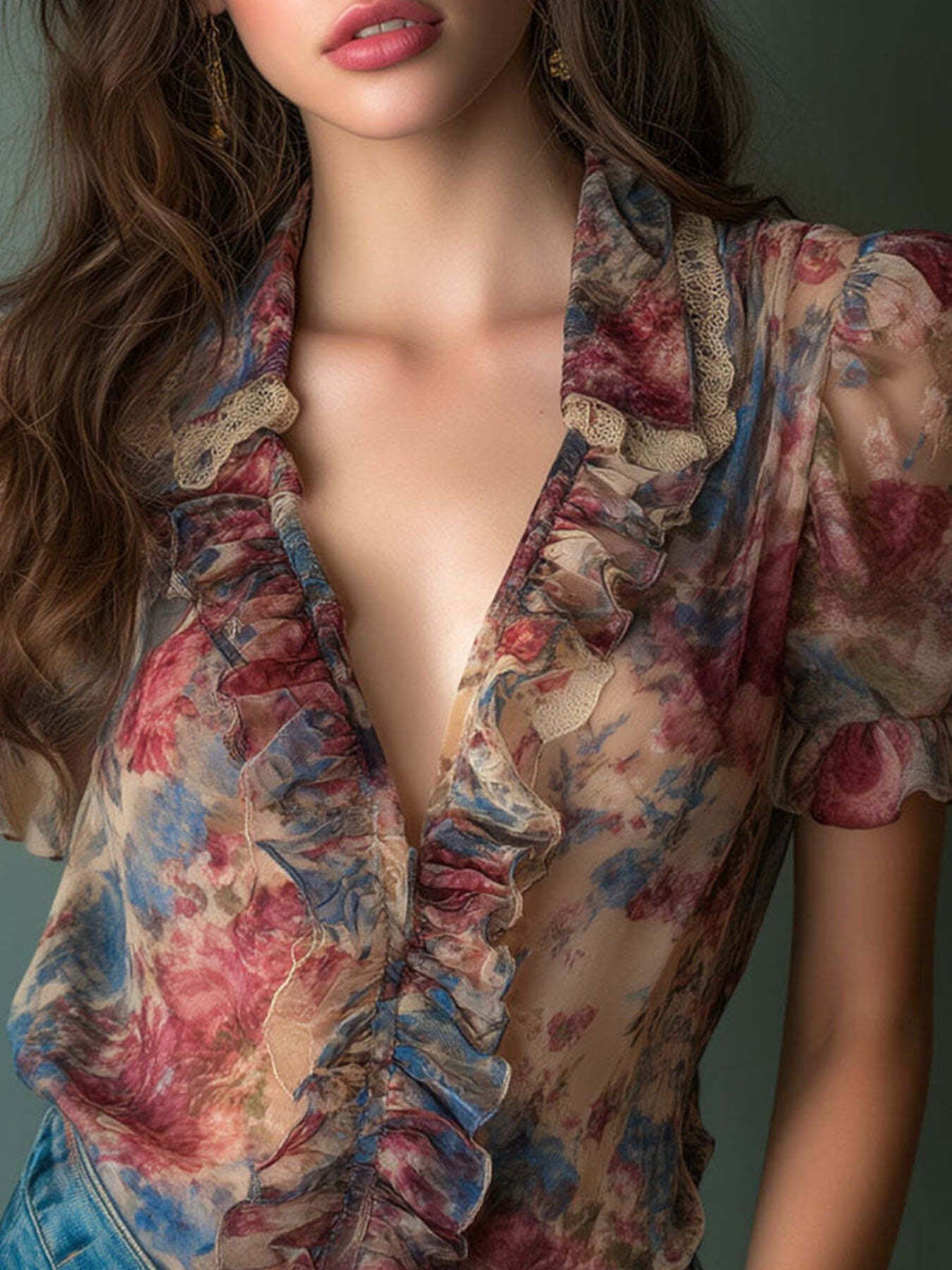 Floral Print Ruffle Trim Blouse - Flip Flop Dynasty