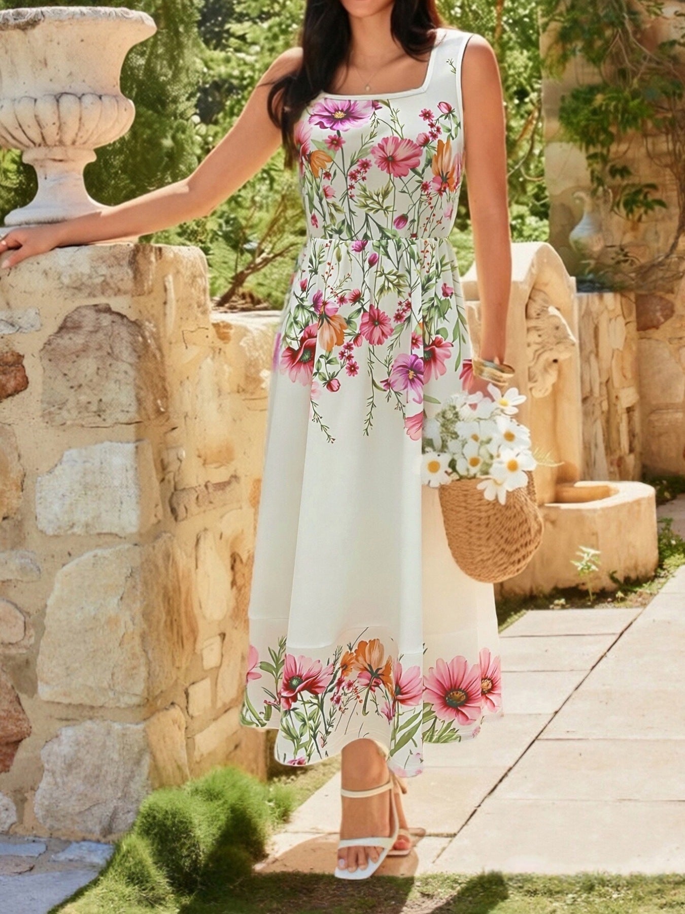 Floral Print Square Neck Dress - Flip Flop Dynasty